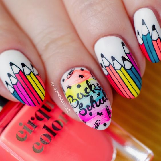 Back To School Colorful Pencil Nail Art