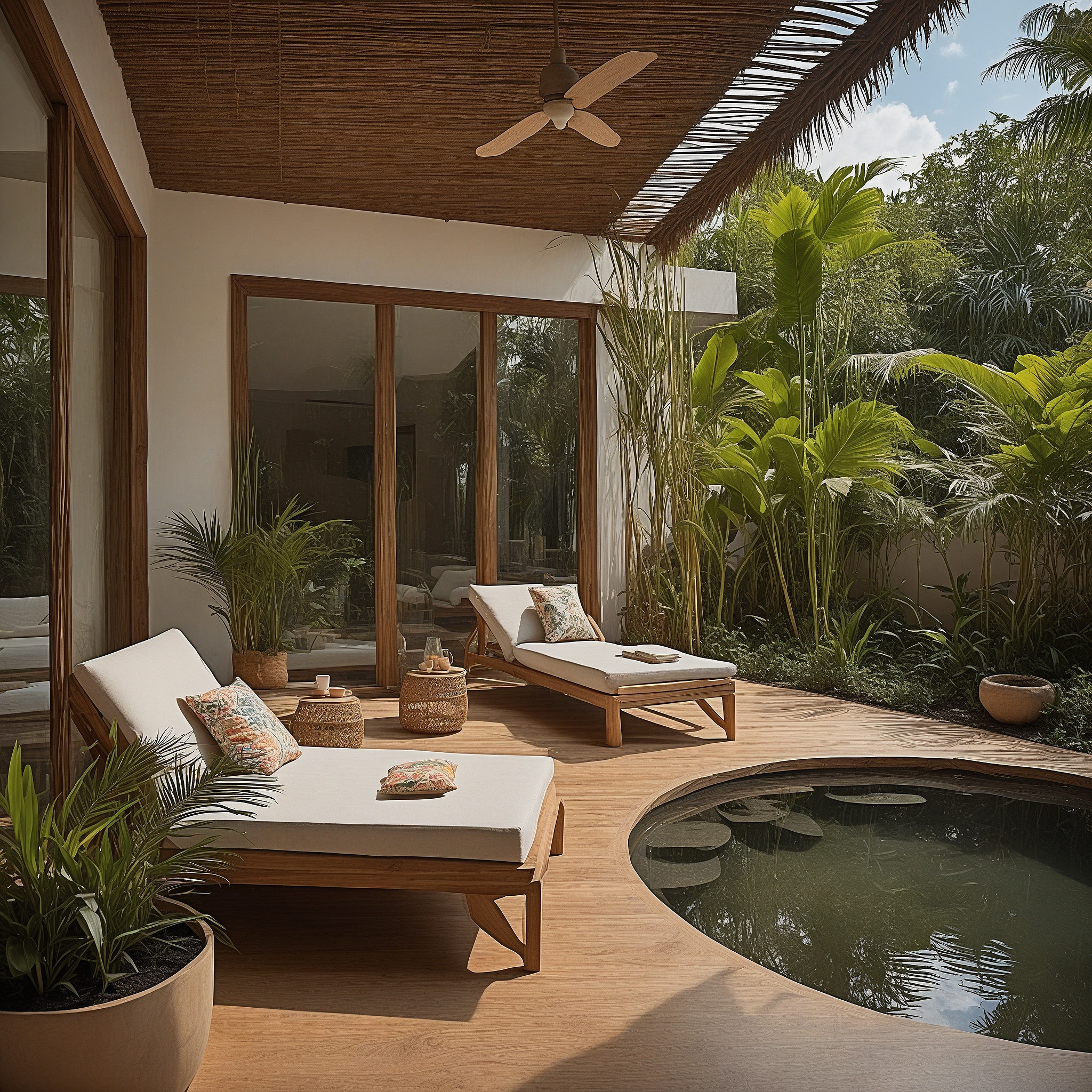 Bamboo Floor Patio Extension With Small Pond