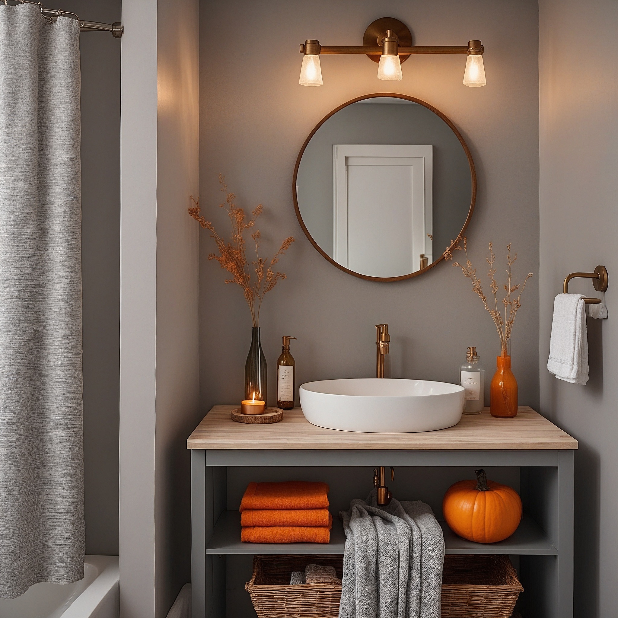 Bathroom Fall Decor With Pumpkins, Vase With Fall Leaves