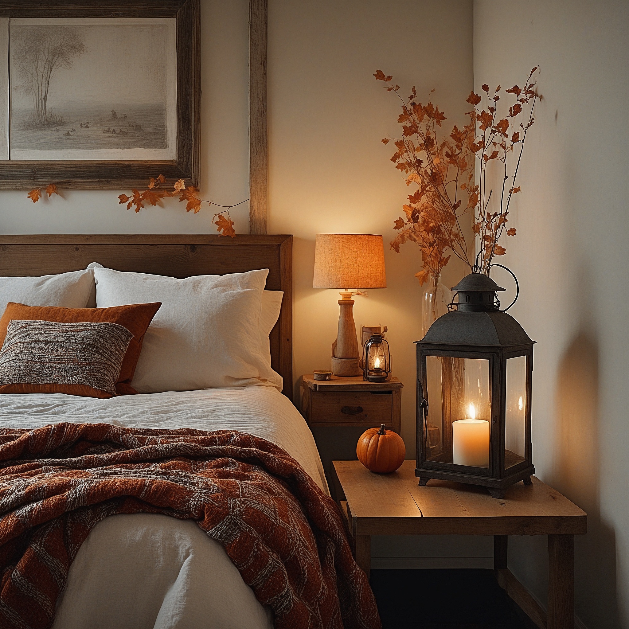 Bedroom Fall Decor With Rustic Lantern, Plaid Cozy Bedding And Dried Leaves