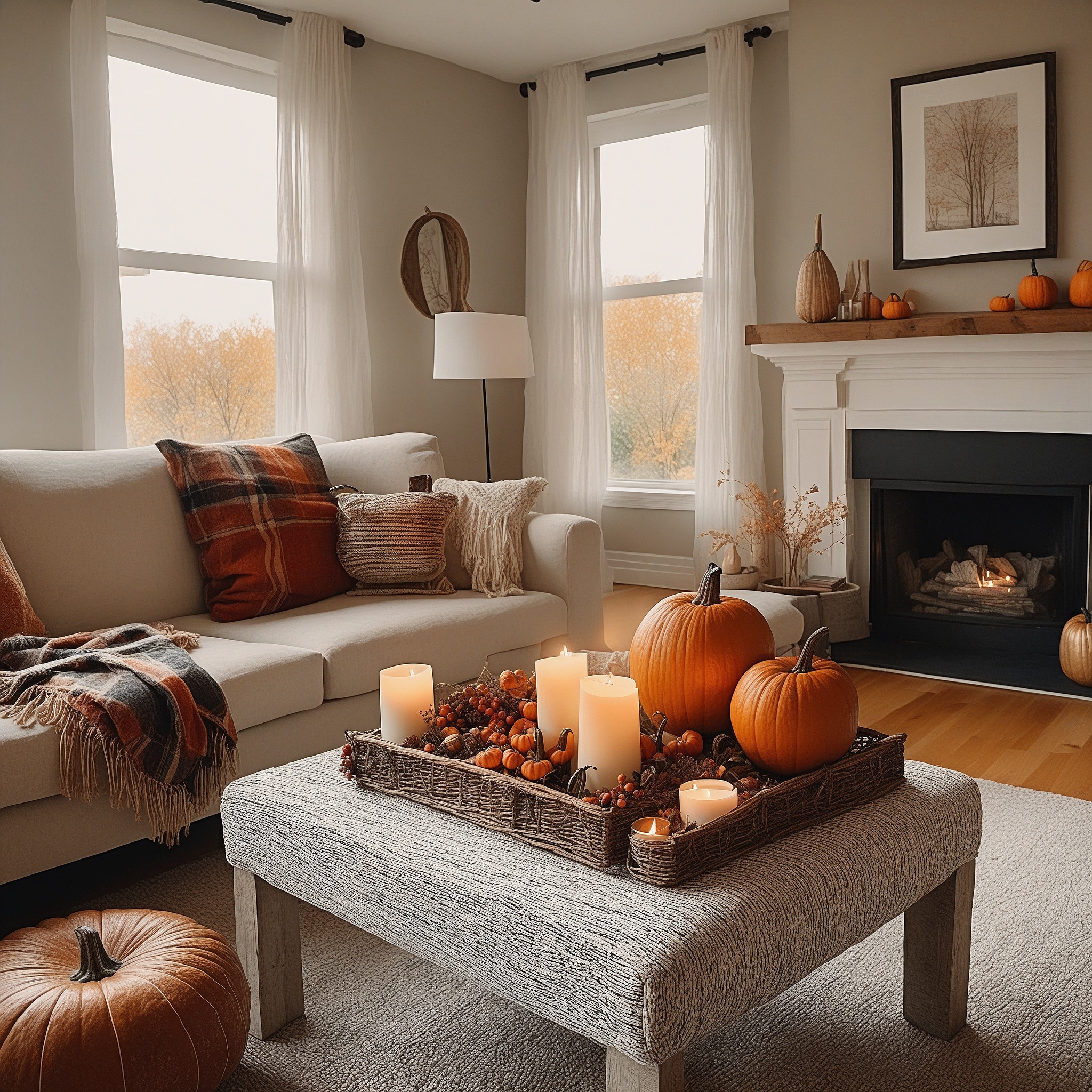 Beige Coucj With Orange And Brown Pillows, Coffee Table With Pumpkins