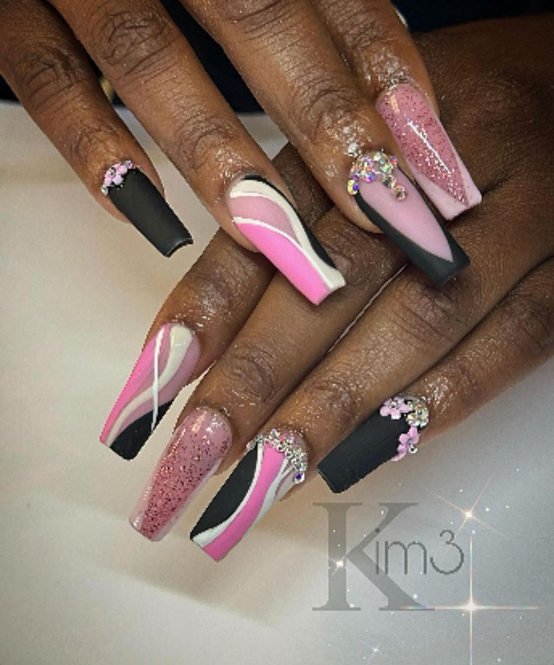 Black, Pink And White Nails With Glitter And Rhinestones