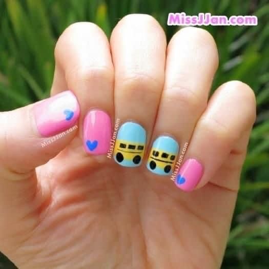 Blue And Pink Nails With School Bus