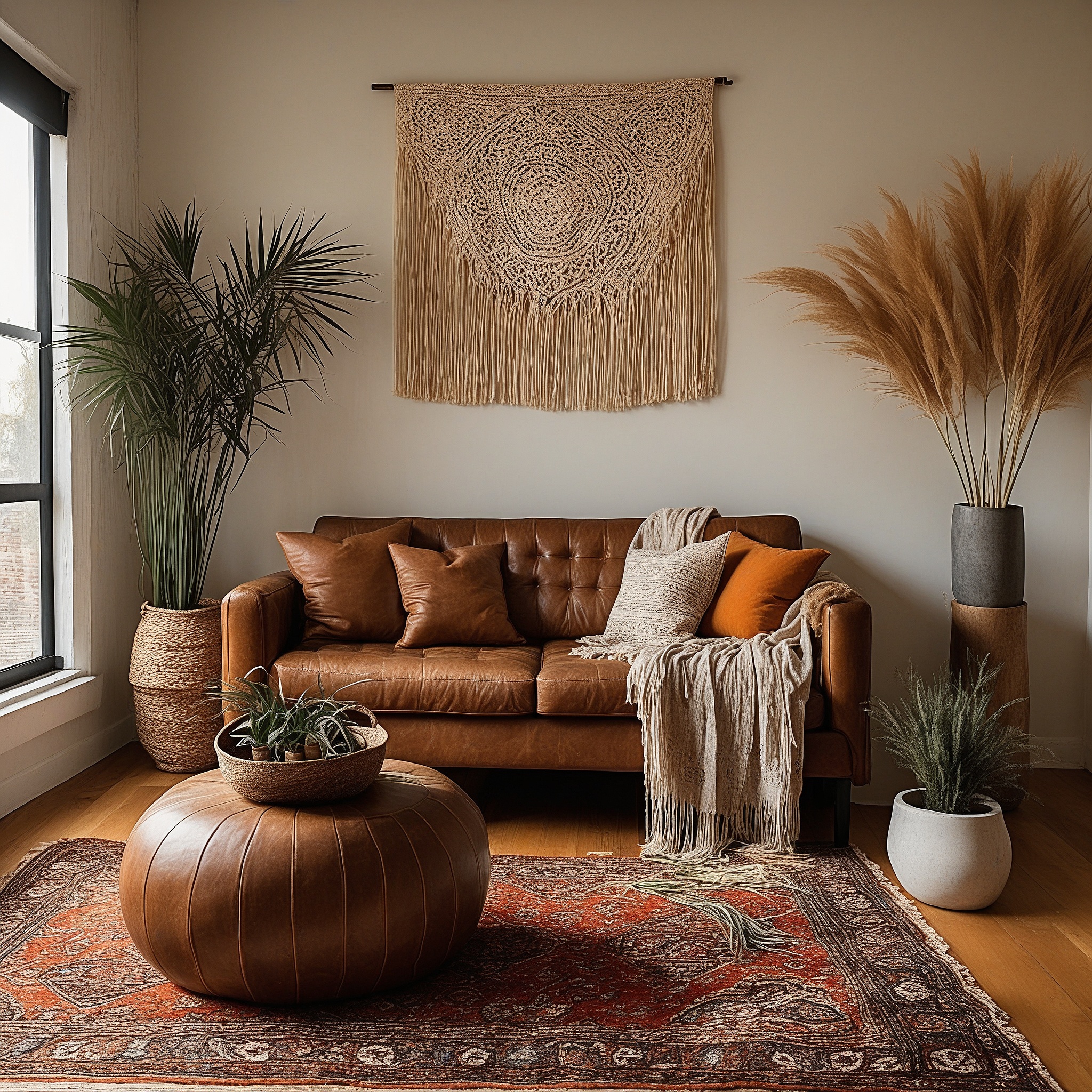 Bohemian Style Fall Living Room With Macrame Wall Art, Patterned Rug, Vase With Pampas Grass