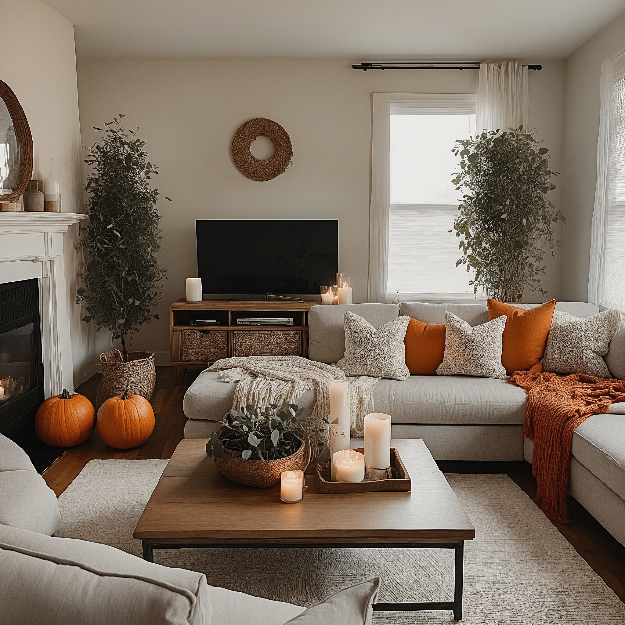 Bright Living Room With Bright Furniture, Orange Pillow And Knit Blanket, Vase With Eucaliptus Leaves