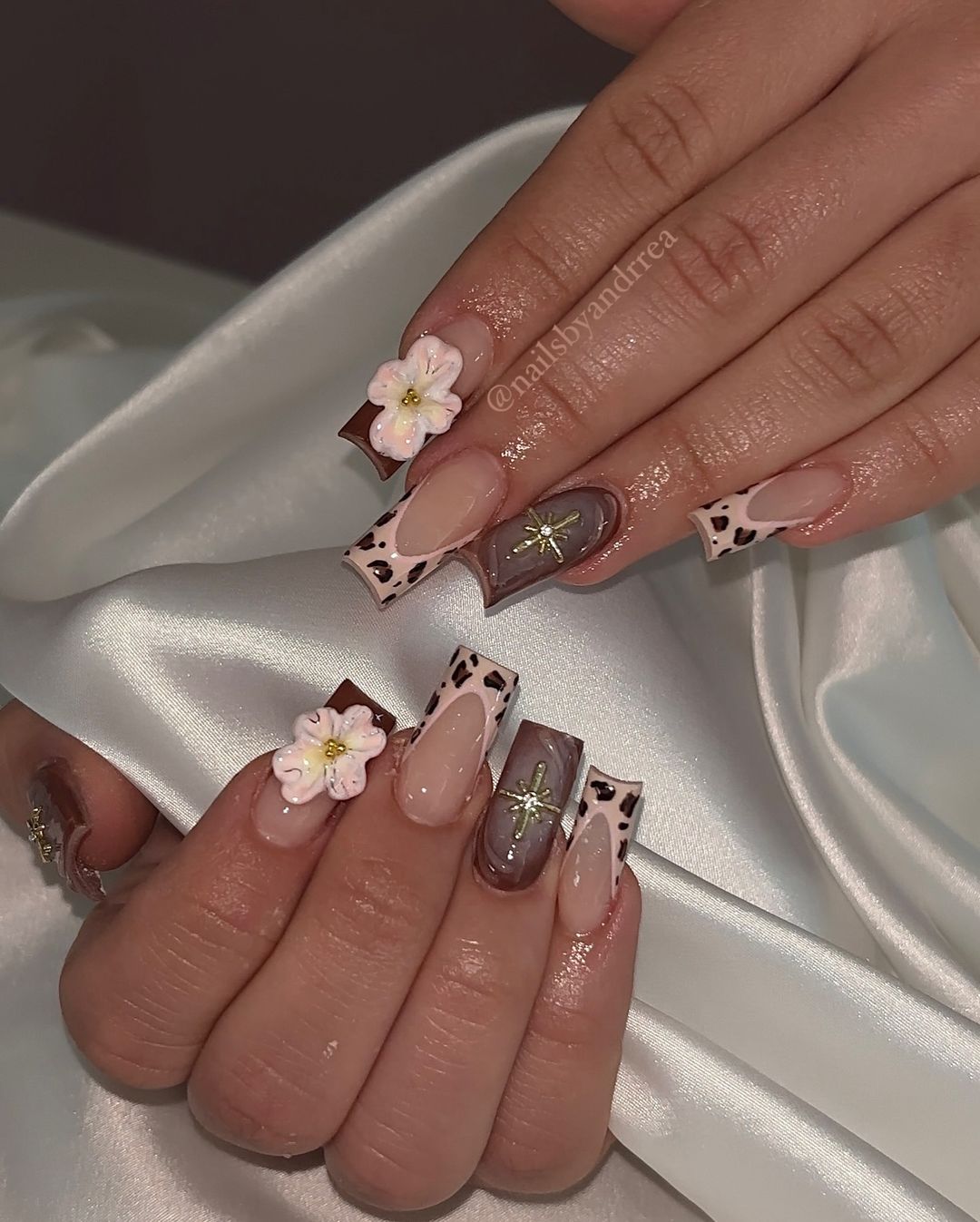 Brown Baige Aura With Cross, Leopard Print Tips And Floral Design