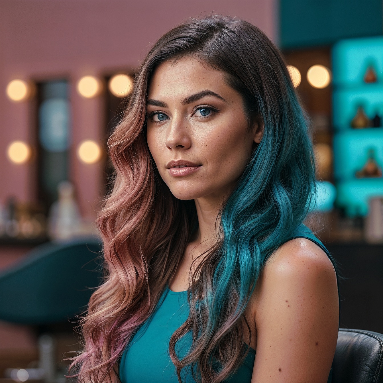 Brunette With Dark Teal And Light Pink