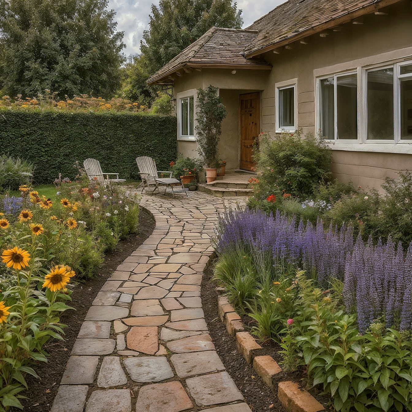 Bungalow-style Home With a Small Garden With Sunflowers, Lavender, and Daisies Along a Stone Pathway