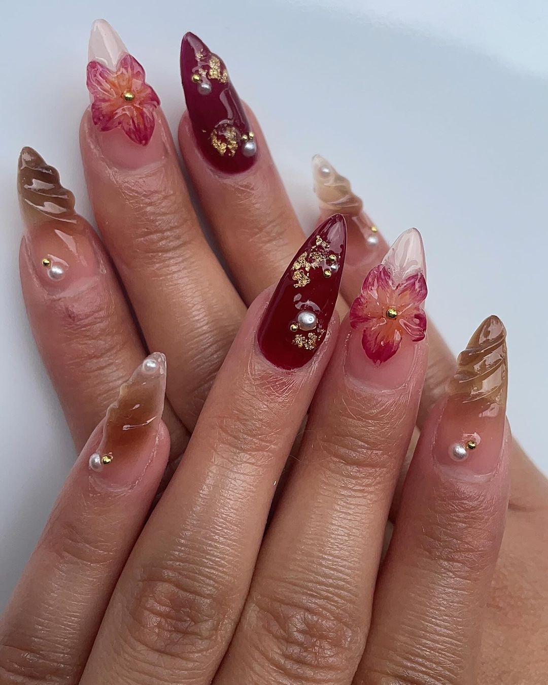 Burgundy Pearls, Light Brown, Aura Nails And Acrylic Floral Design