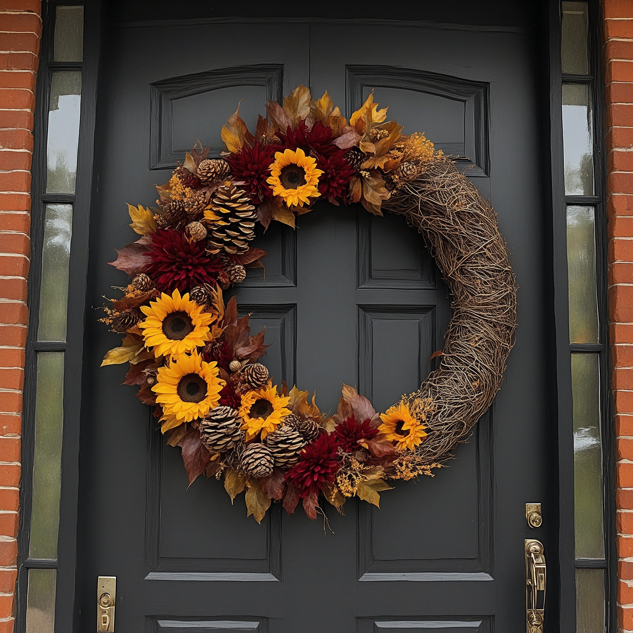 Burgundy and Gold Leaves, Pinecones, and Faux Sunflowers