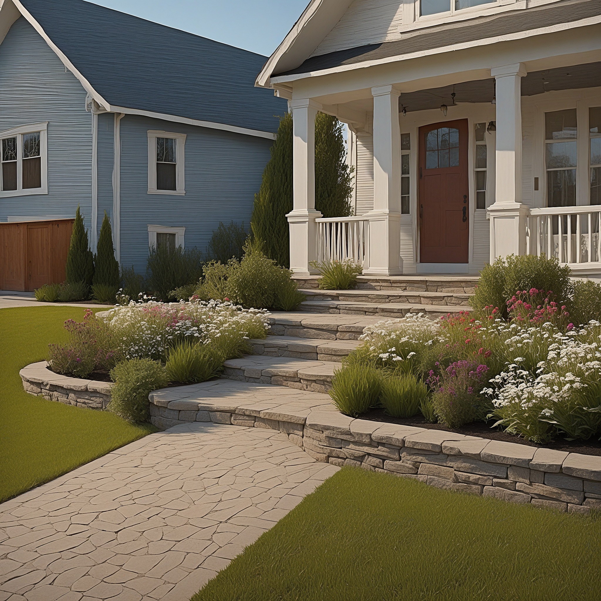 Cape Cod-style Home With Green Lawn, Small Bushes, and Colorful Flower Beds Lining the Pathway