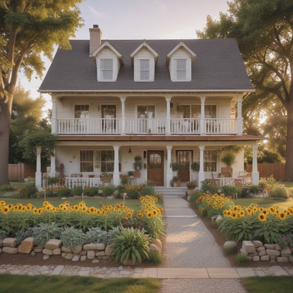 Charming Farmhouse-style Home With Rustic Landscaping Elements includes a Gravel Pathway, a Sunflowers Beds, and Fruit Trees