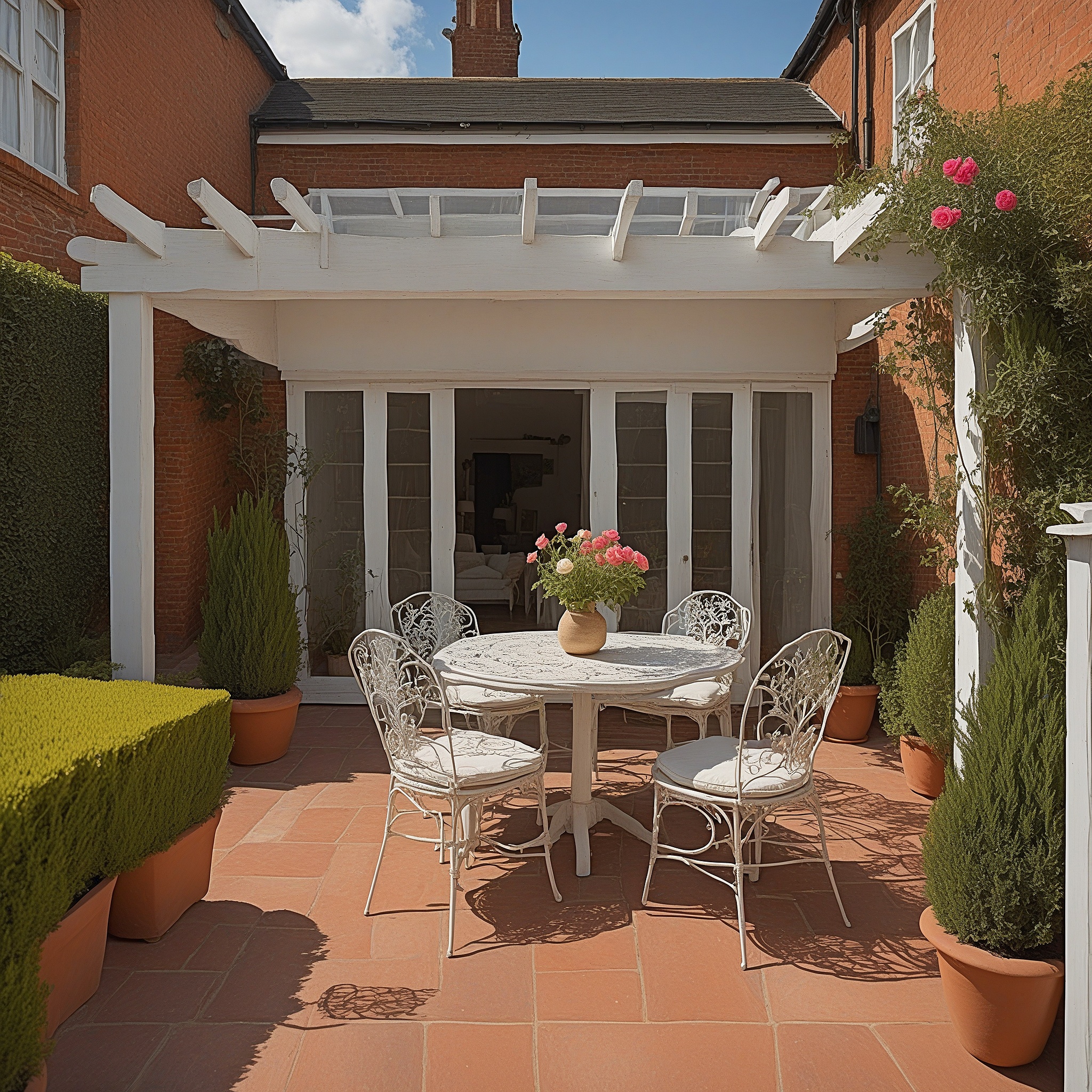 Classic Patio Extension With a Red Brick Floor, White Wooden Railings.