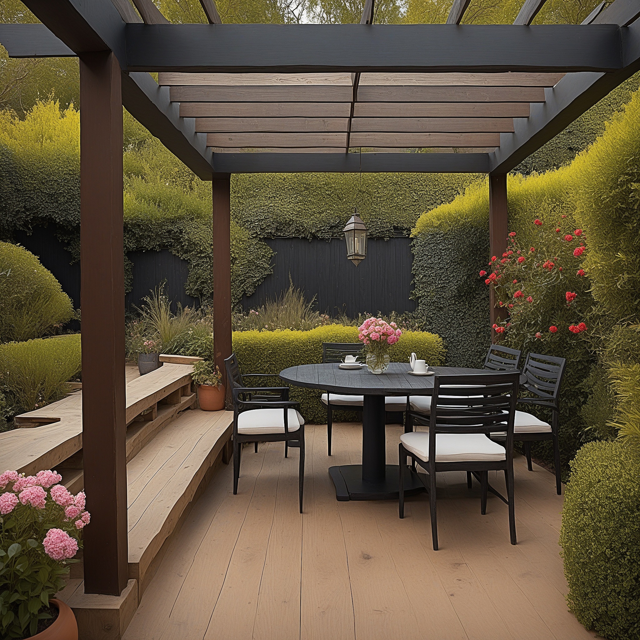 Classic Pation Extension With Redwood Floor And Black Wooden Railings, Surrounded By Tall Shrubs And Greenery