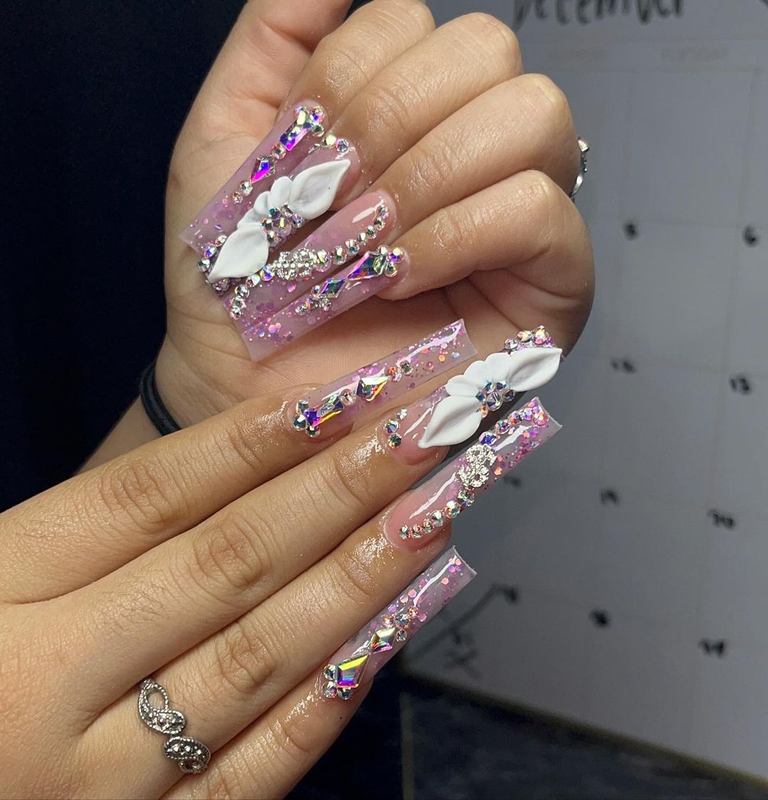 Clear Purple And Pink Gllitter And Holographic Rhinestones