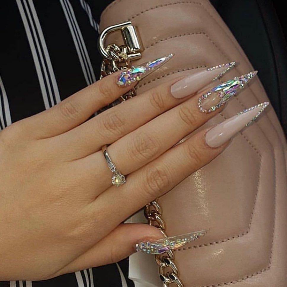 Clear and Baige Stiletto Nails With Holographic Rhinestones