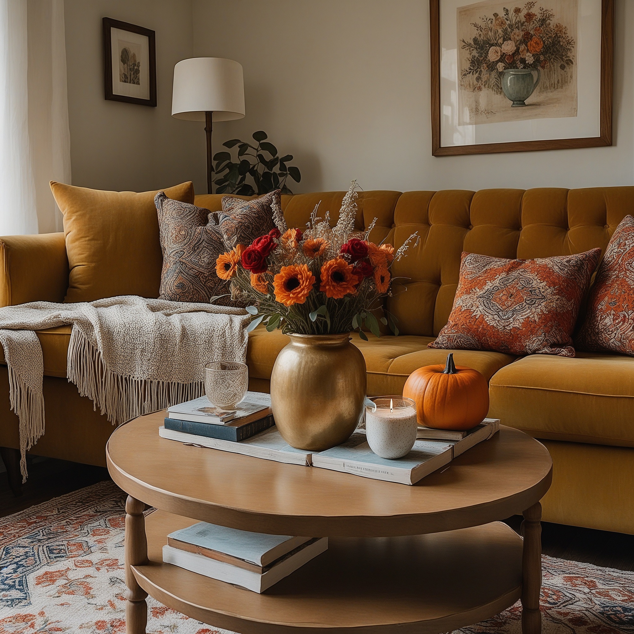 Coffee Table Fall Decor For Living Room With Gilded Vase, Yellow And Red Flowers, Books And Pumpkins