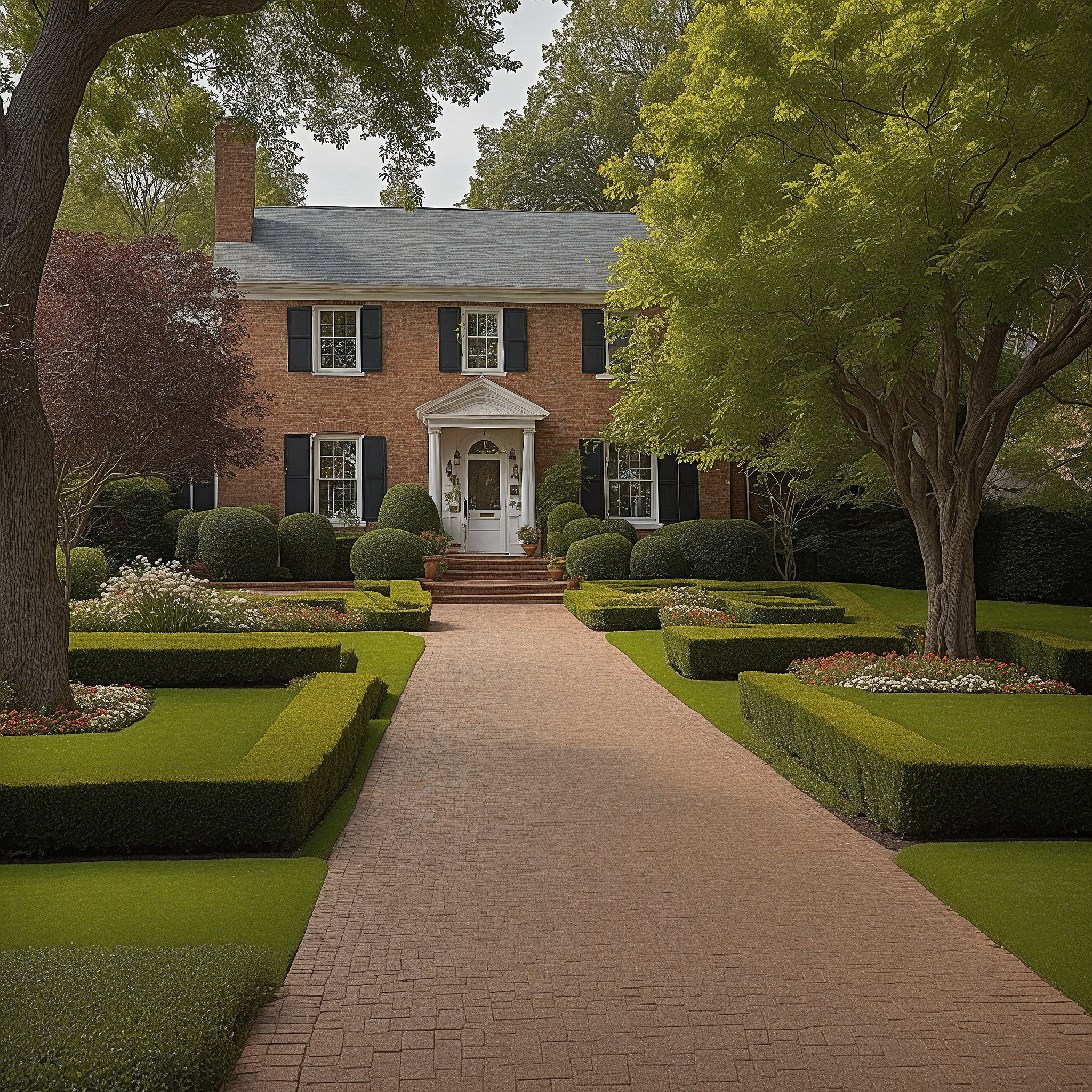 Colonial-style Home with Brick Pathway Lined with Low Boxwood Hedges