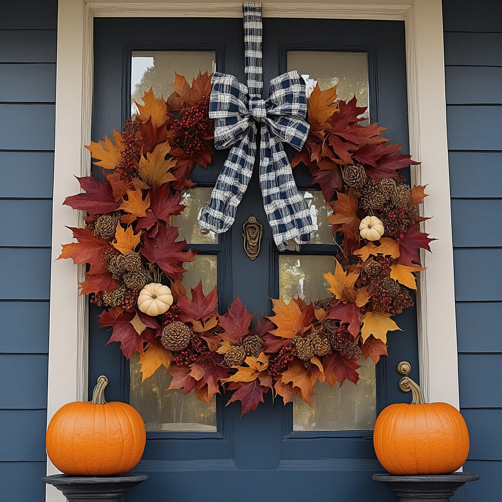 Colorful Faux Autumn Leaves, Small White Pumpkins, and a Large Plaid Ribbon