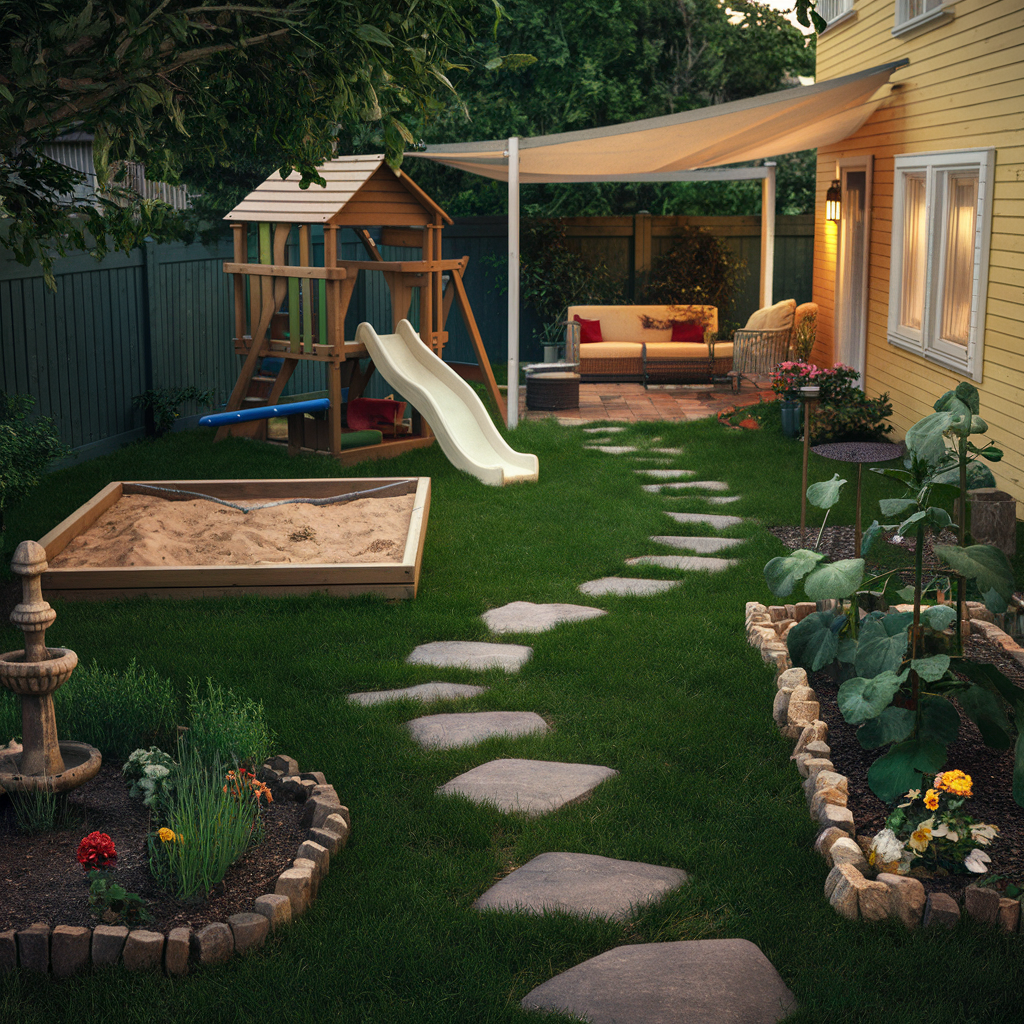 Compact Playground Area, Grassy Lawn, Stone Pathway, Shaded Seating Area, Vegetable Garden, Small Fountain