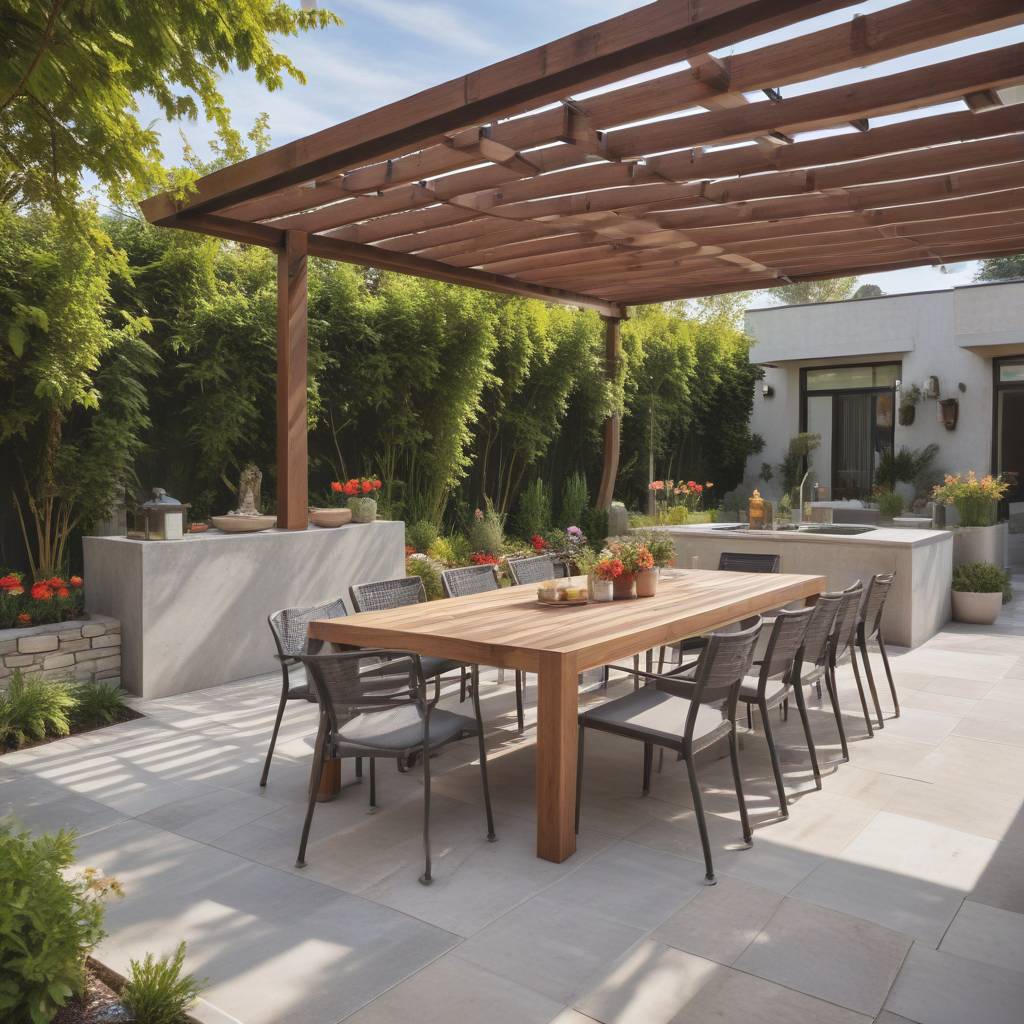 Concrete Pavers, Wooden Pergola Covering A Dining Area, Outdoor Kitchen And Bui-d In Grill