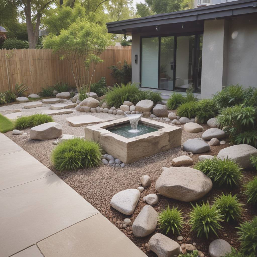 Contemporary Home with Zen Garden, Large Stones, Green Lawn, Bamboo Plants, and a Small Fountain