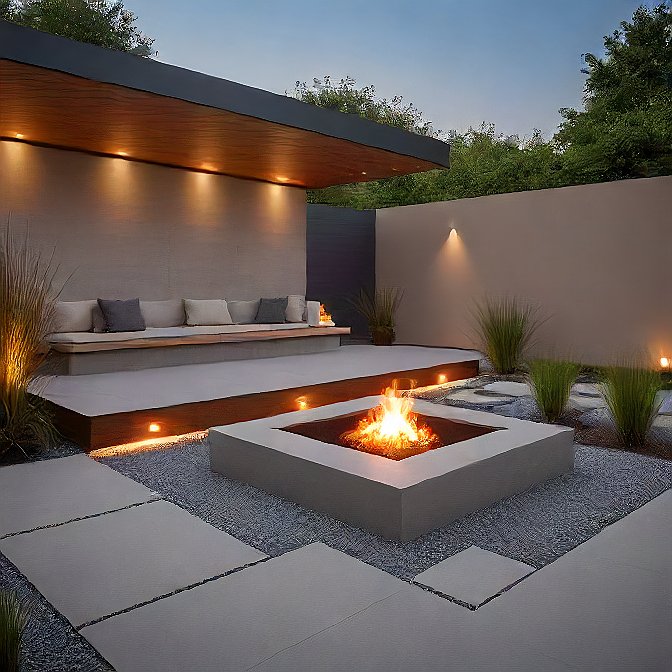 Contemporary Patio Extension, Minimalist Design, Concrete Slabs, Fire Pit And Shaded Seating Area