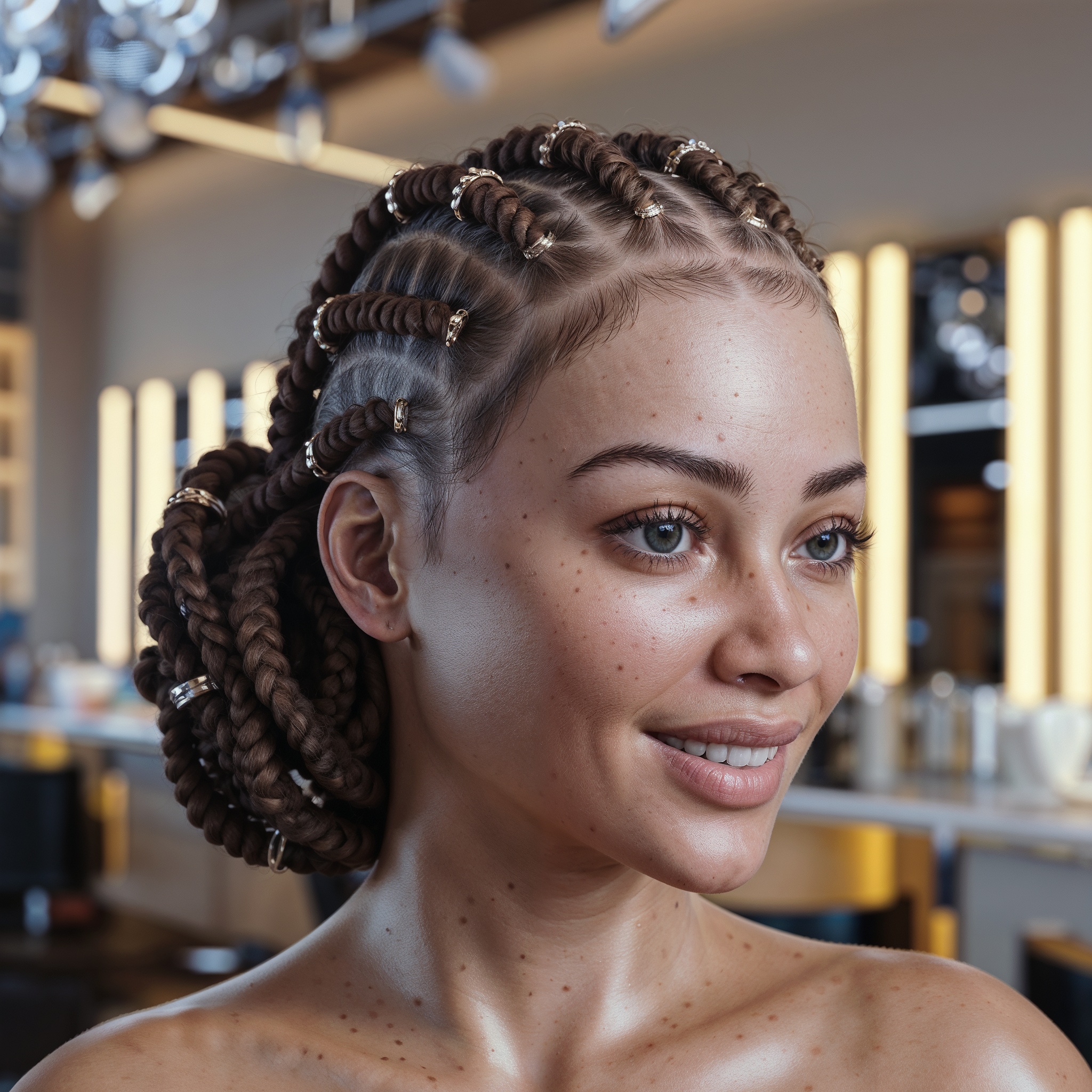 Cornrow Updo Into Low Twosted Bun With Metal Rings