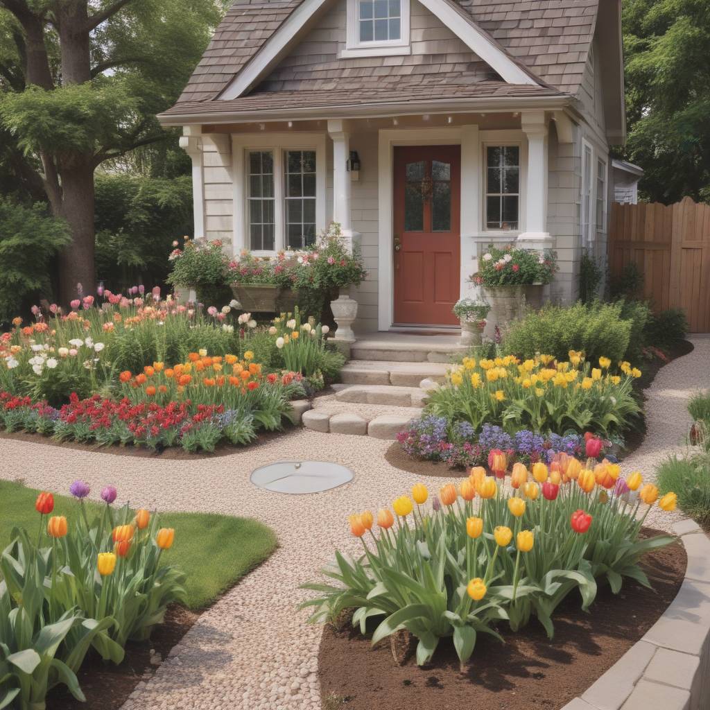 Cottage-style Home With Garden Beds With Tulips, Daisies, and Pansies