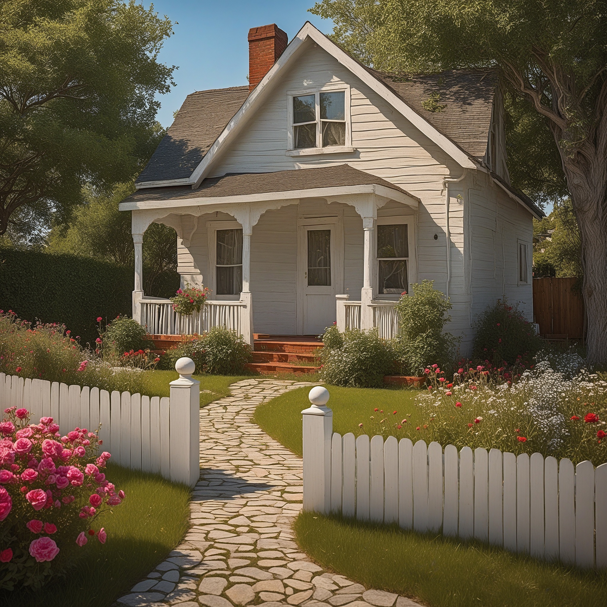 Cottage-style House with Colorful Wildflowers, Rose Bushes, and Trimmed Hedges