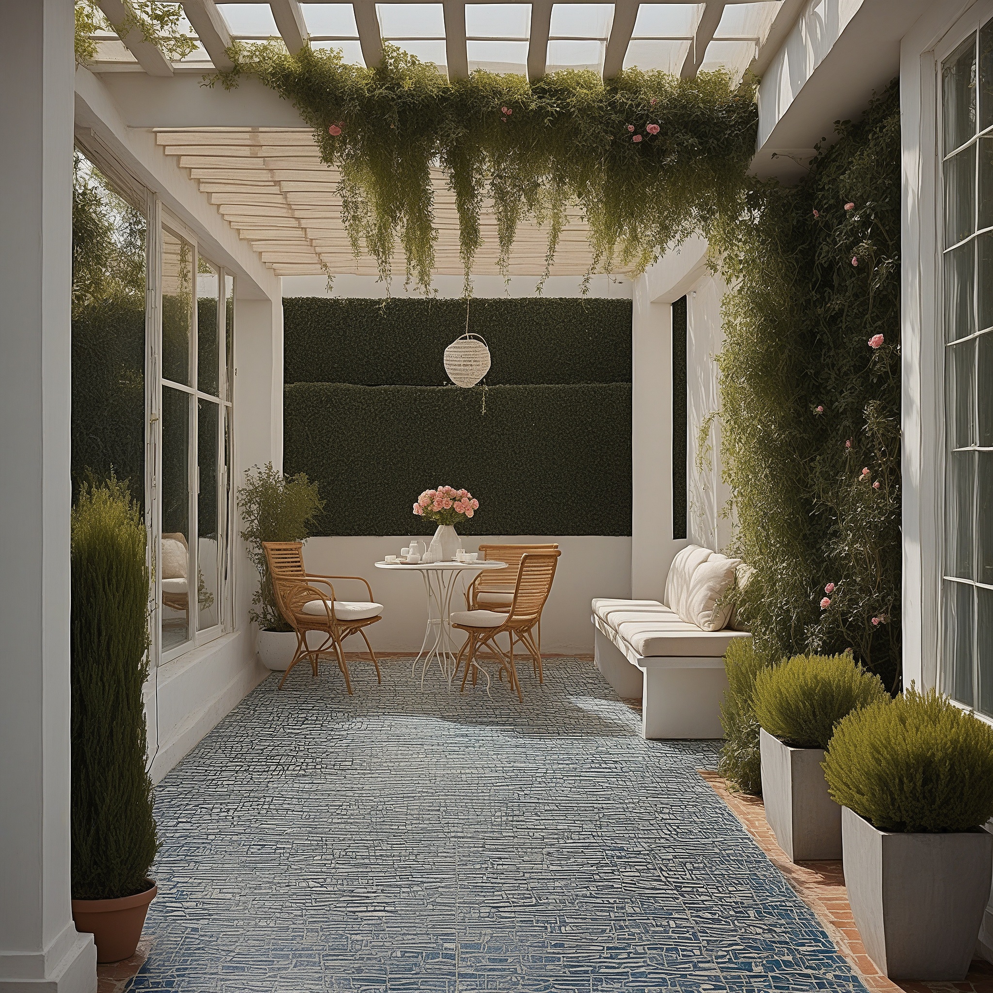 Cozy Classic Patio Extension With Mosaic Floring, Wood Pergola, Living Wall