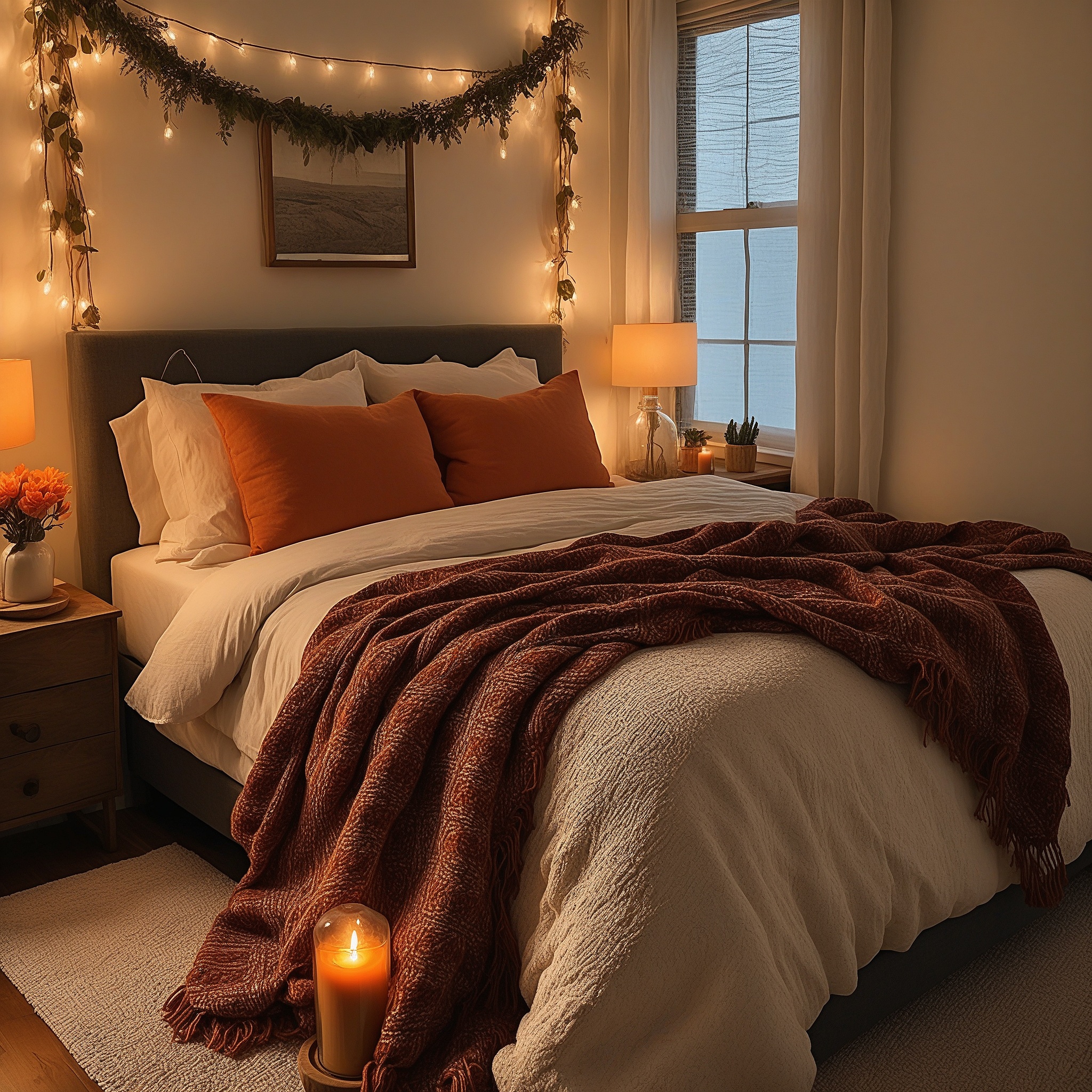 Cozy Fall Bedroom With String Ligh Garland And Autumn Leaves