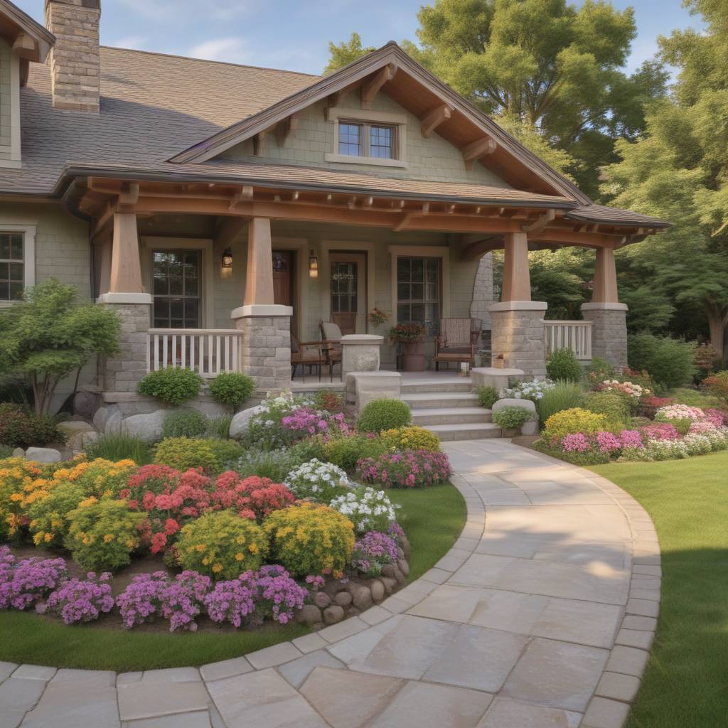 Crafstman House With Seasonal Flowers, Trimmed Bushes Flatstone Pathway