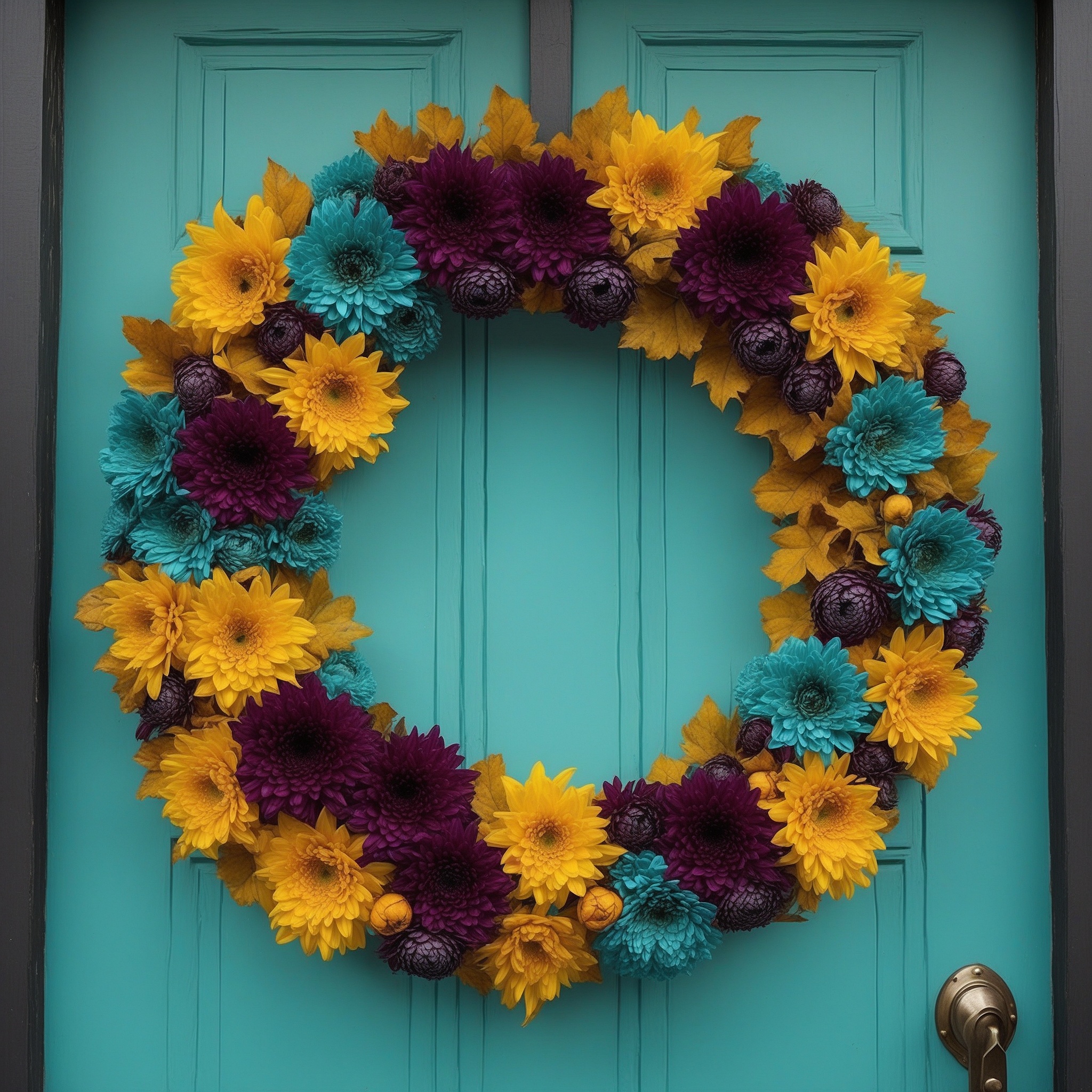 Deep Purple, Yellow and Blue Chrysanthemums and Bright Yellow Leaves