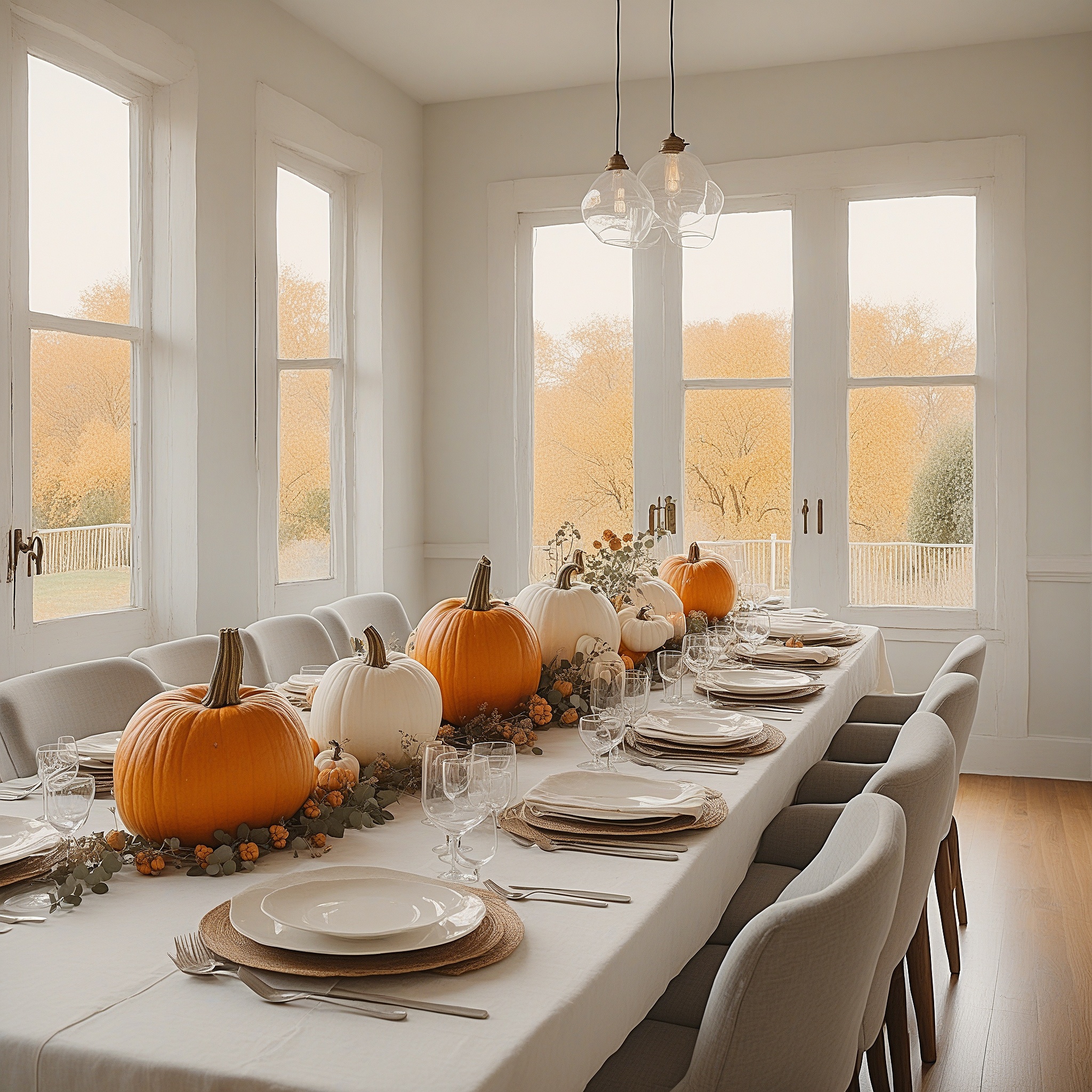 Dining Table Centerpiece of White And Orange Pumpkins And Flowers