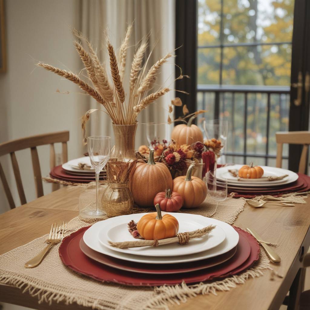 Dining Table Decor With Dried Wheat And Orange Leaves, Burlap Place Holders