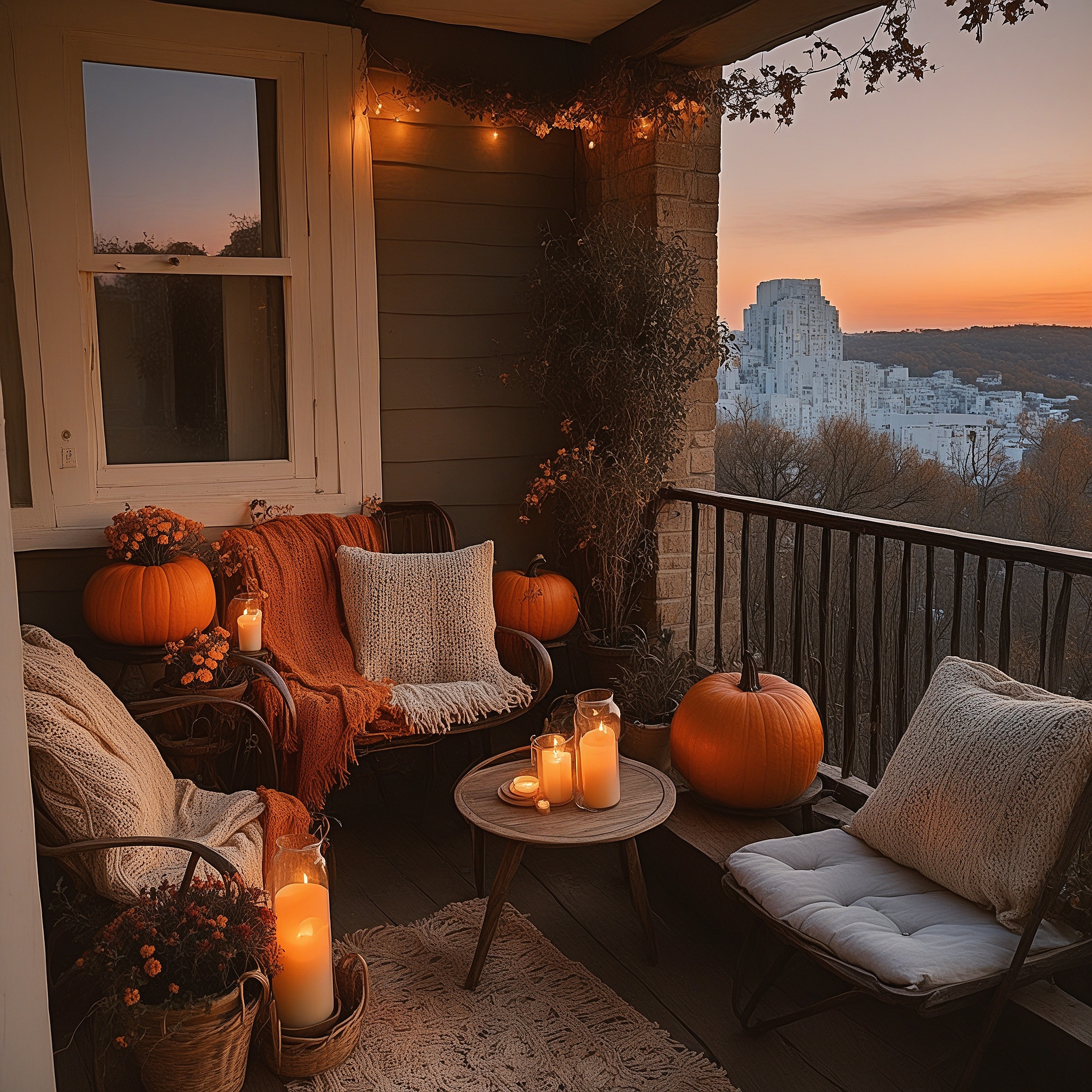 Fall Balcony Decor With Candles, Wicker Baskets With Flowars And Pumpkins