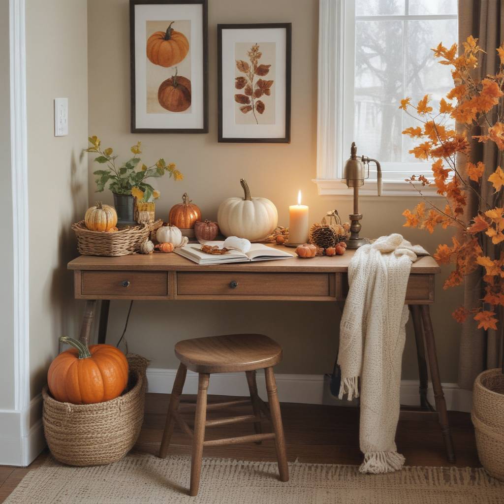 Fall Decor Corner With Wintage Desk And Pumpkin Decor