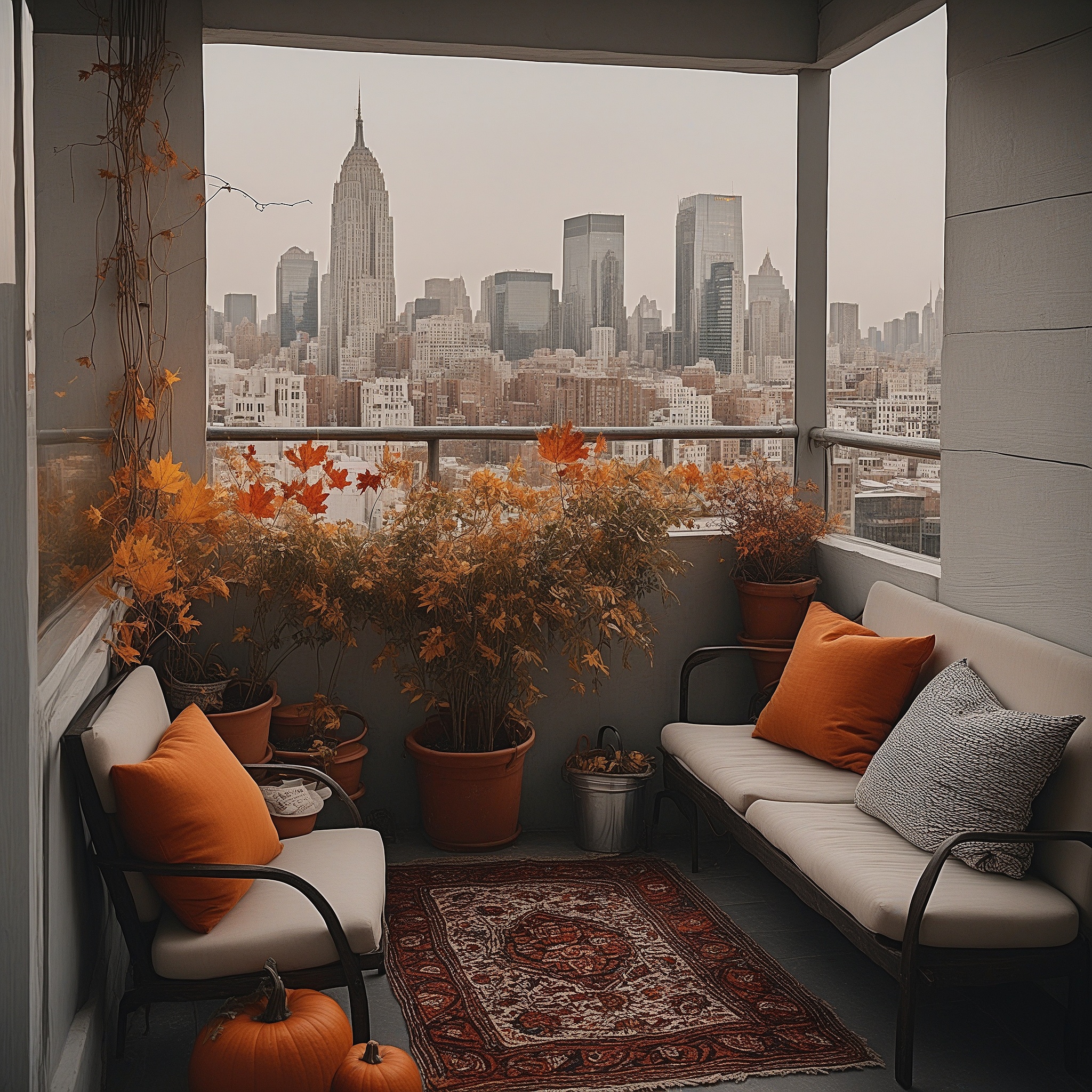 Fall Decorated Balcony, Small Table, Potted Plants With Fall Foliage