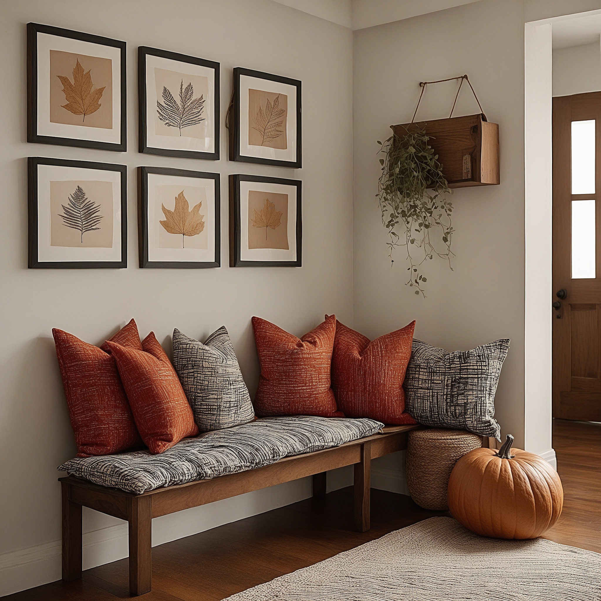 Fall Hallway Decor With Wooden Benac And Framed Fall-Themed Prints