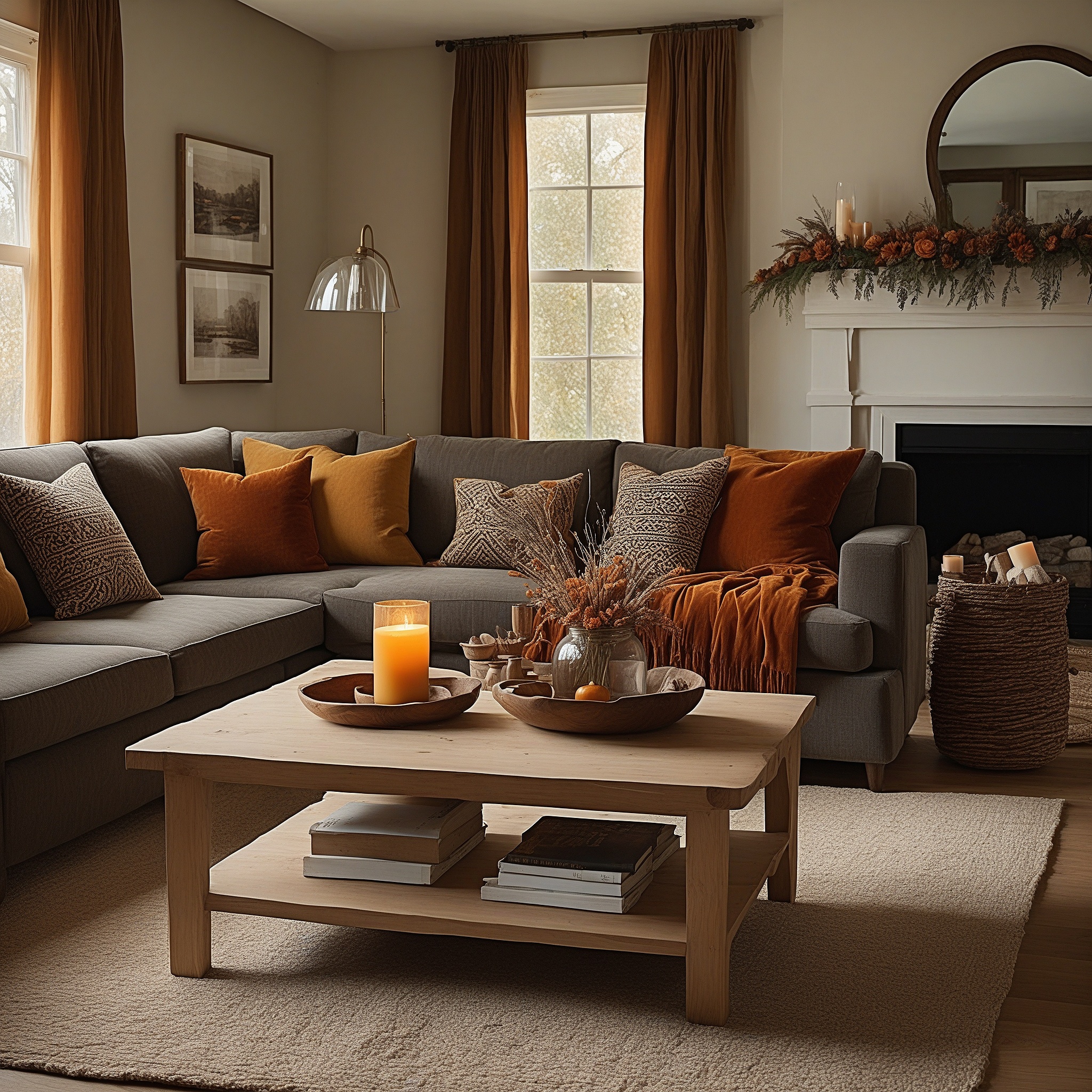 Fall Living Room Decor With Gray Furniture, Orange And Baige Pillows, Fall Decor And Burnt Orange Curtains