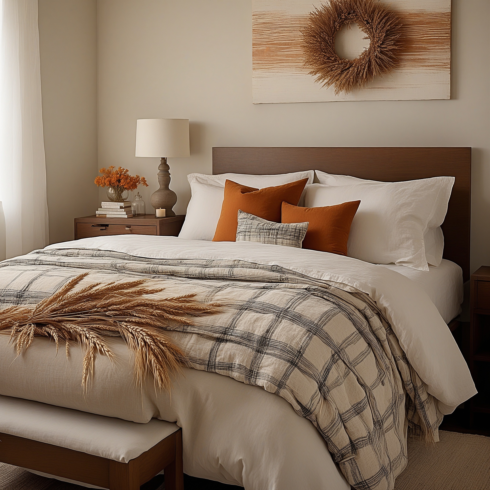 Fall White Bedroom, With Burnt Orange And Brown Pillows, Dried Wheat Stalks