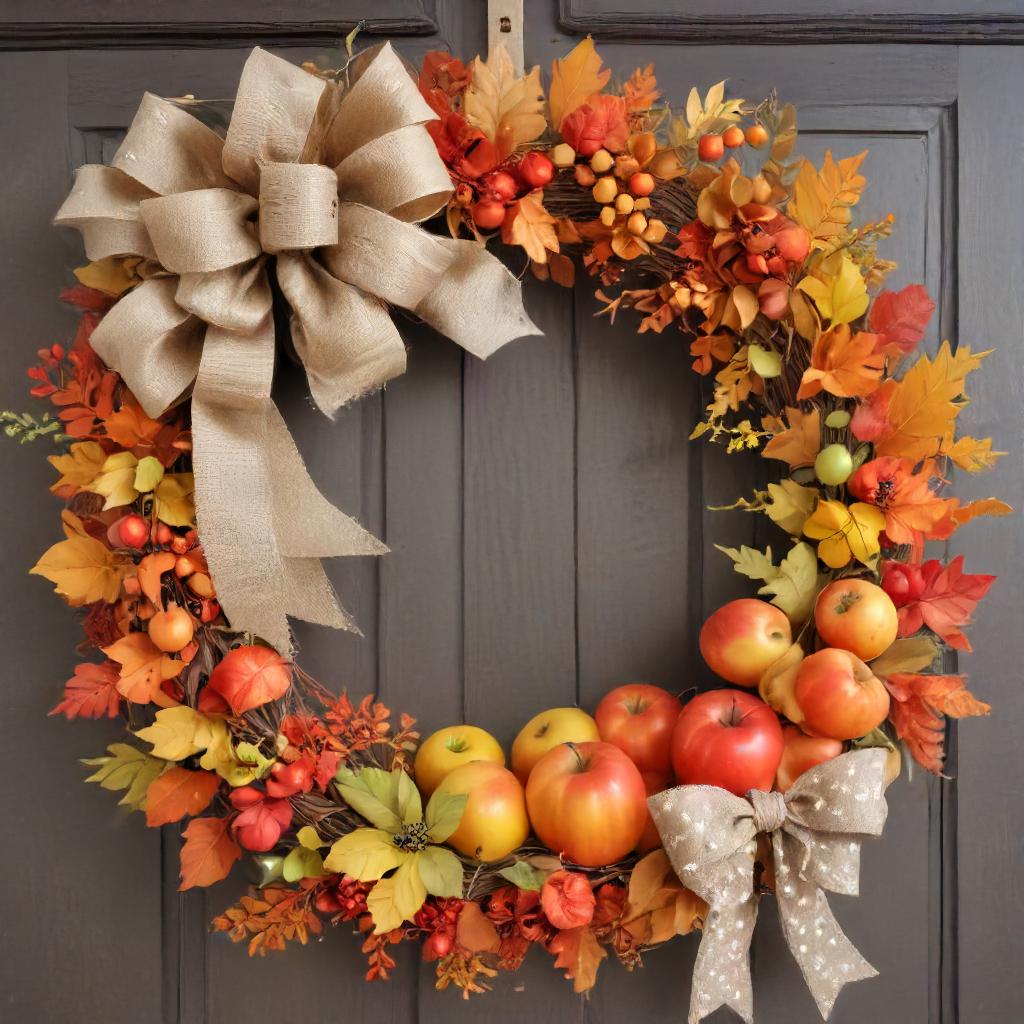 Faux Apples, Bright Orange and Yellow Leaves, and a Burlap Ribbon