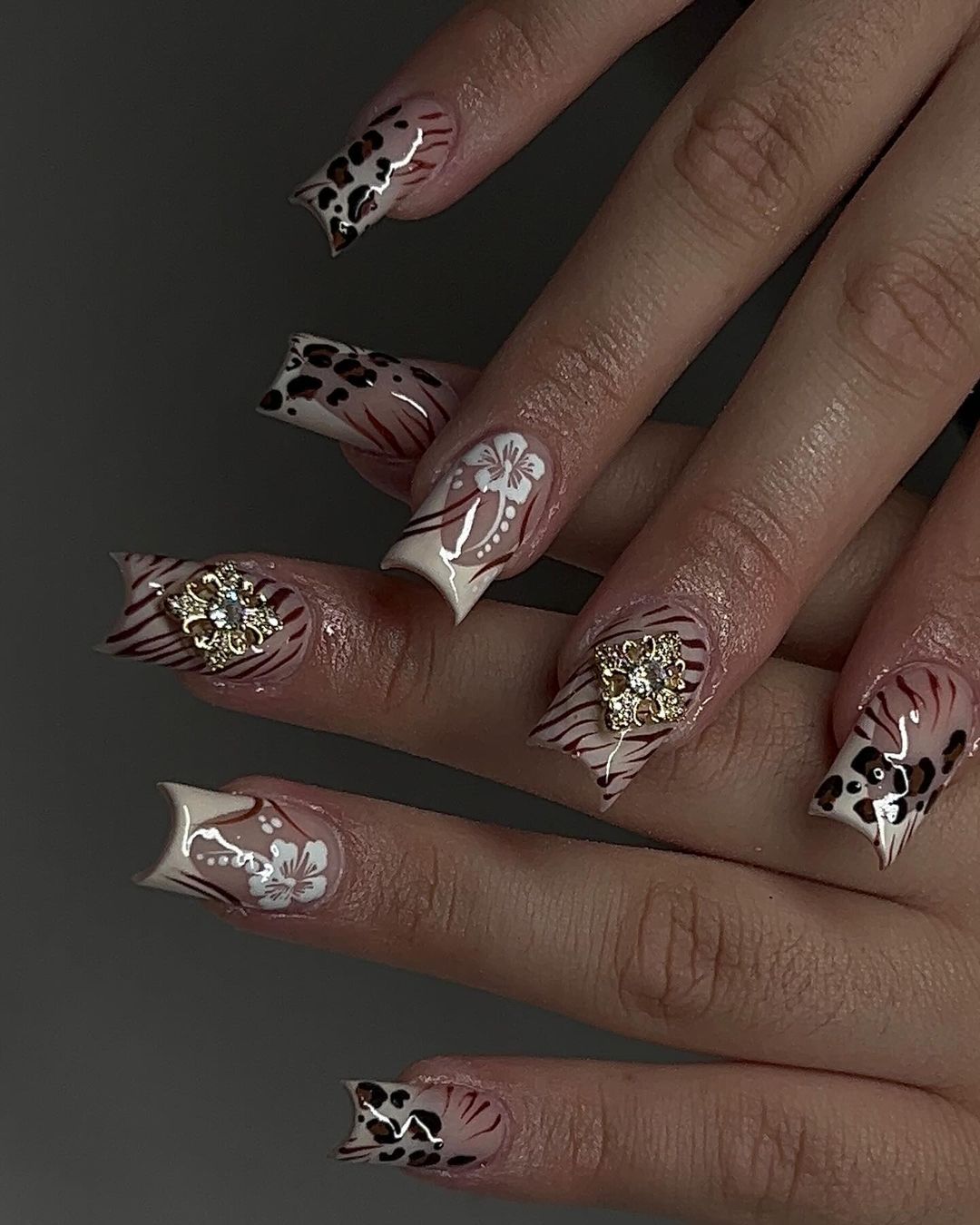 French Mani With Brown Leopard And Tiger Print With White Hibiscus Design