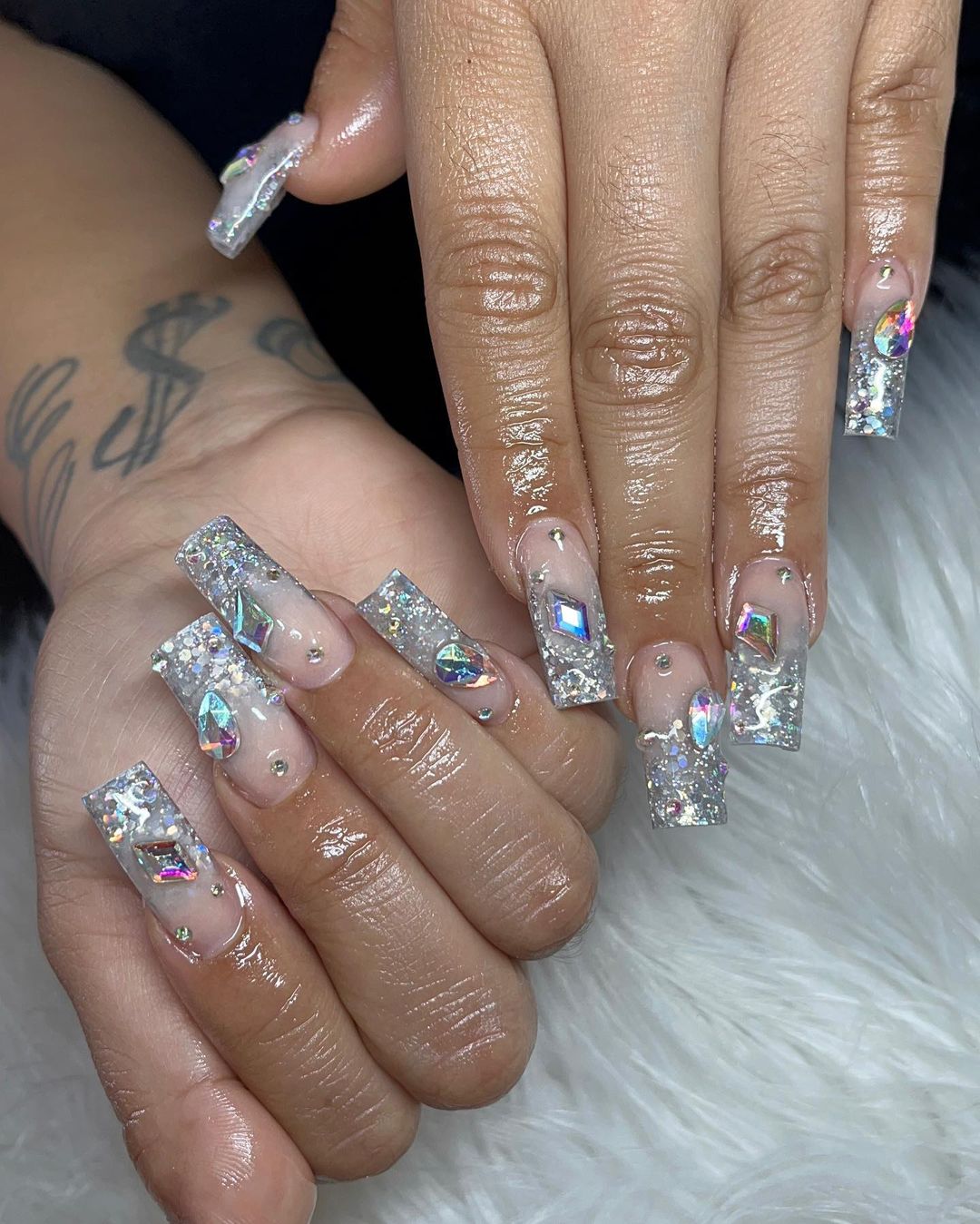 Frosty Glitter and Rhinestone Nails