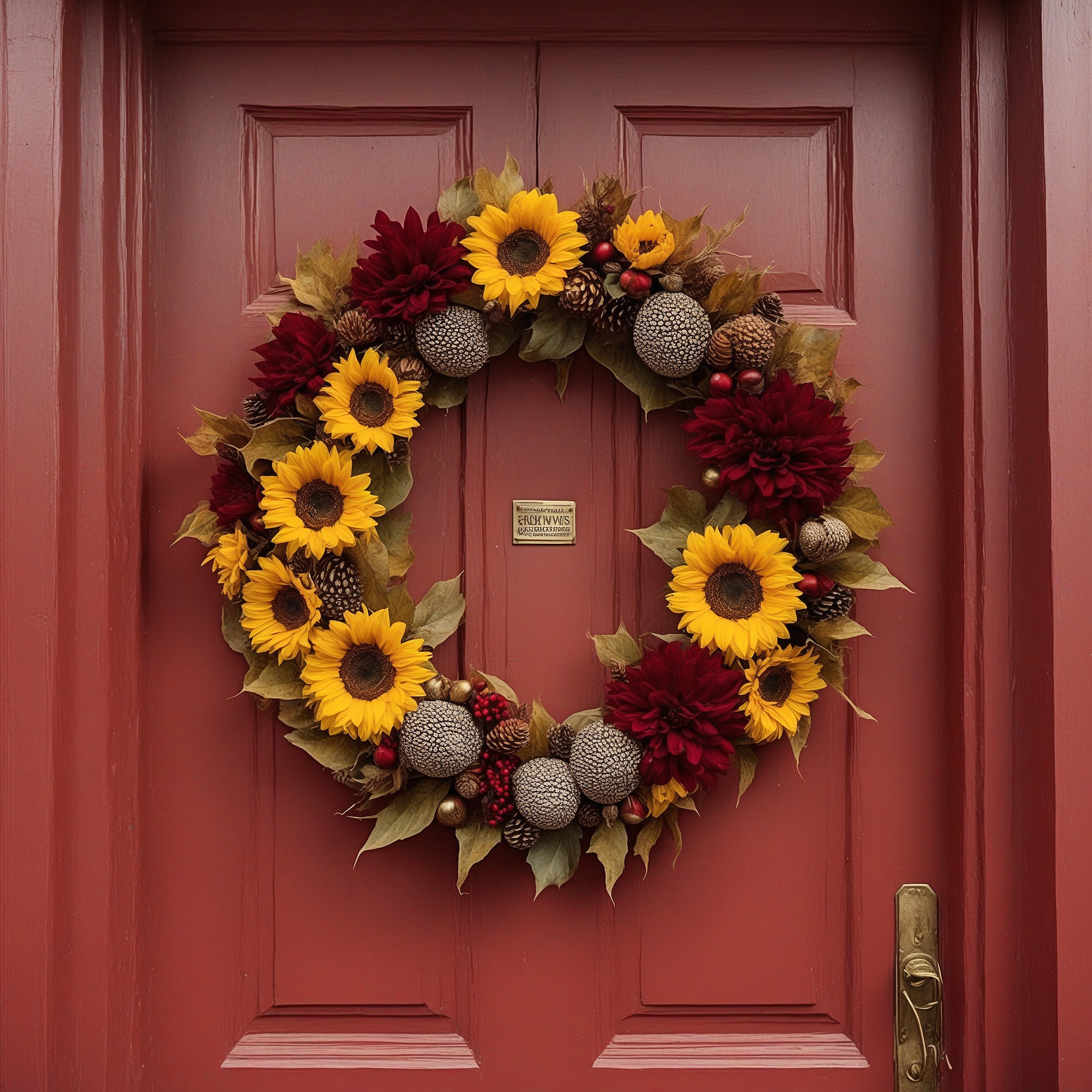 Golden Sunflowers, Faux Acorns, and Burgundy-colored Leaves