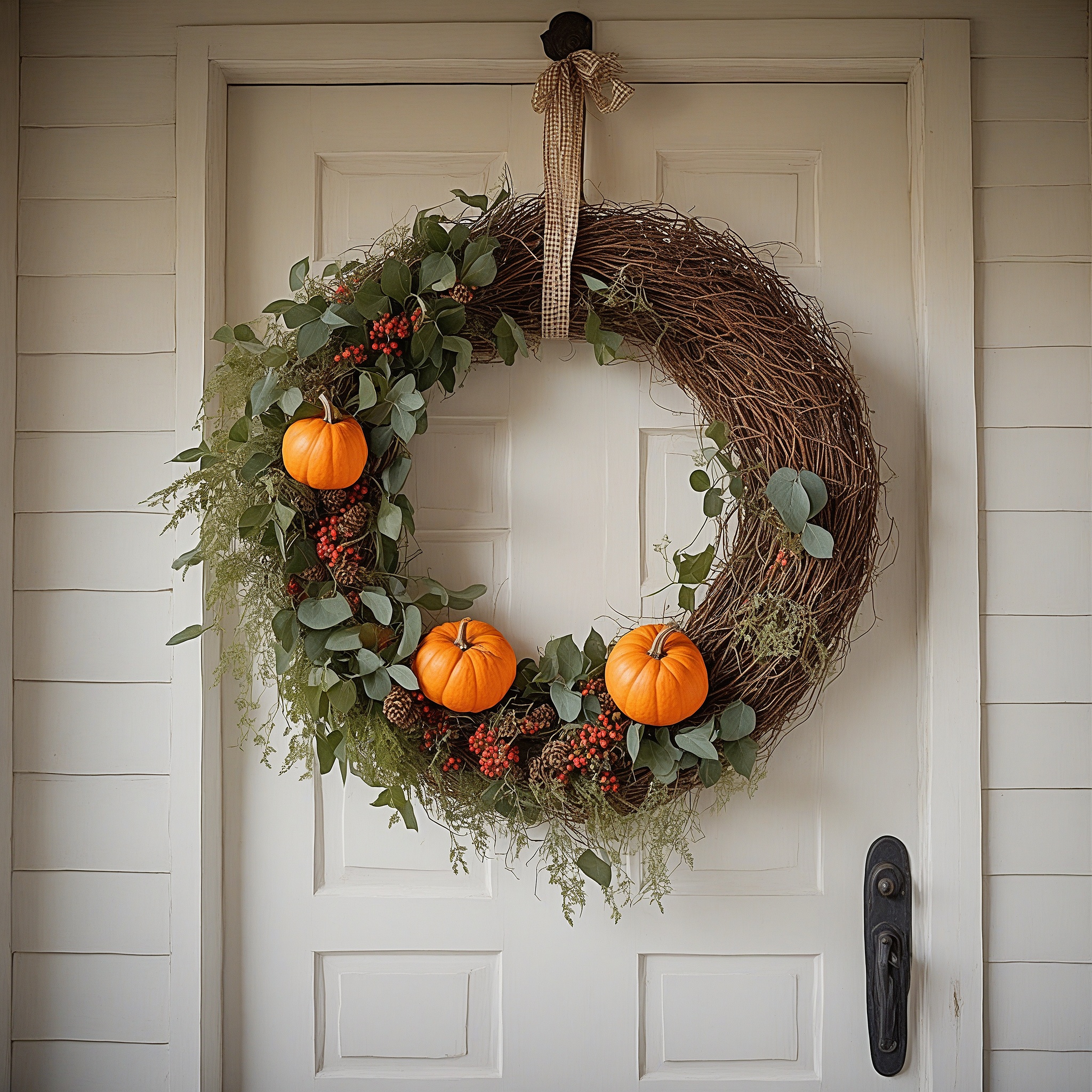 Grapevine Base, Artificial Pumpkins, Dark Green Eucalyptus Leaves, And Burlap Ribbon