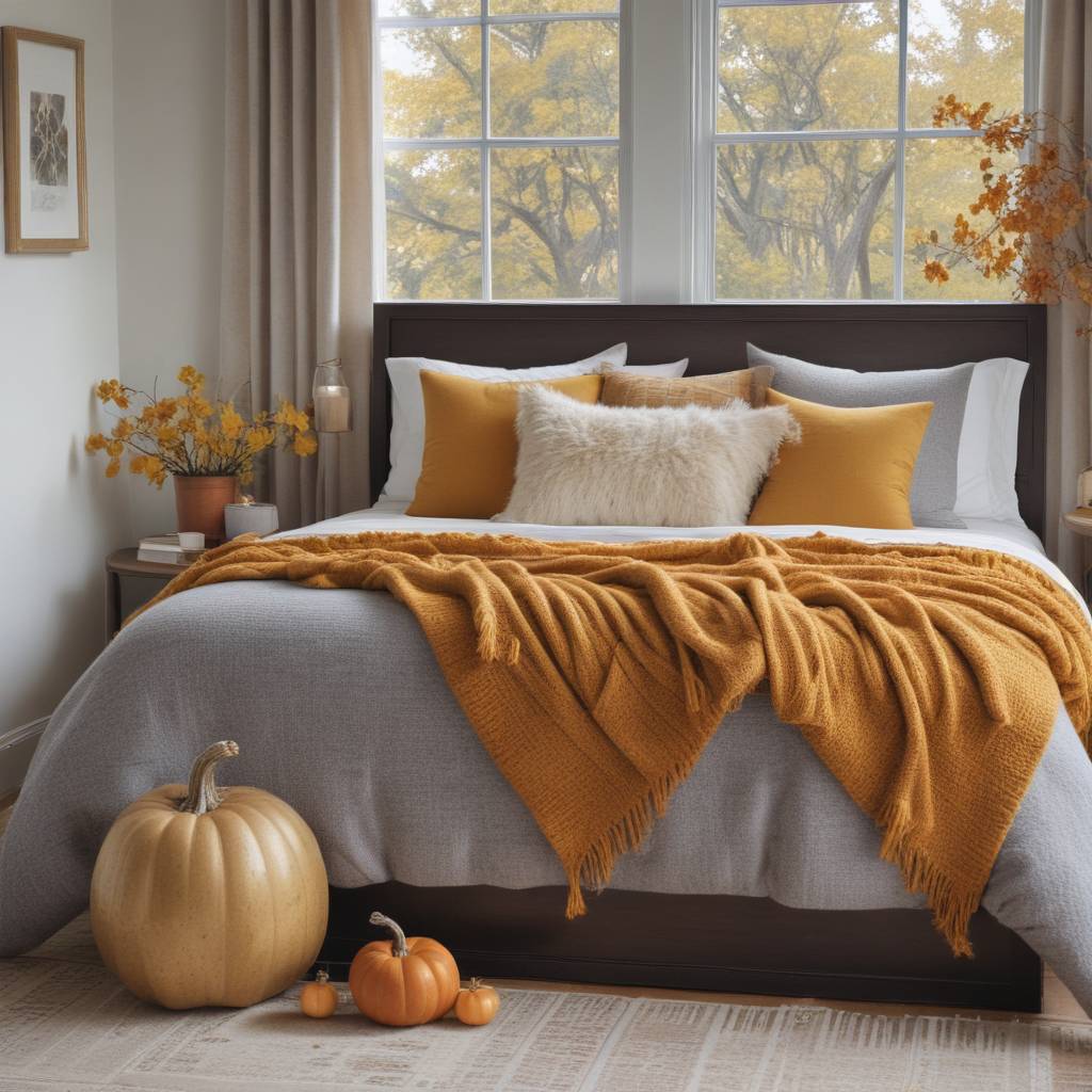 Gray And Yellow Fall Bedroom Decor With Gilded Pumpkins And Fall Leaves