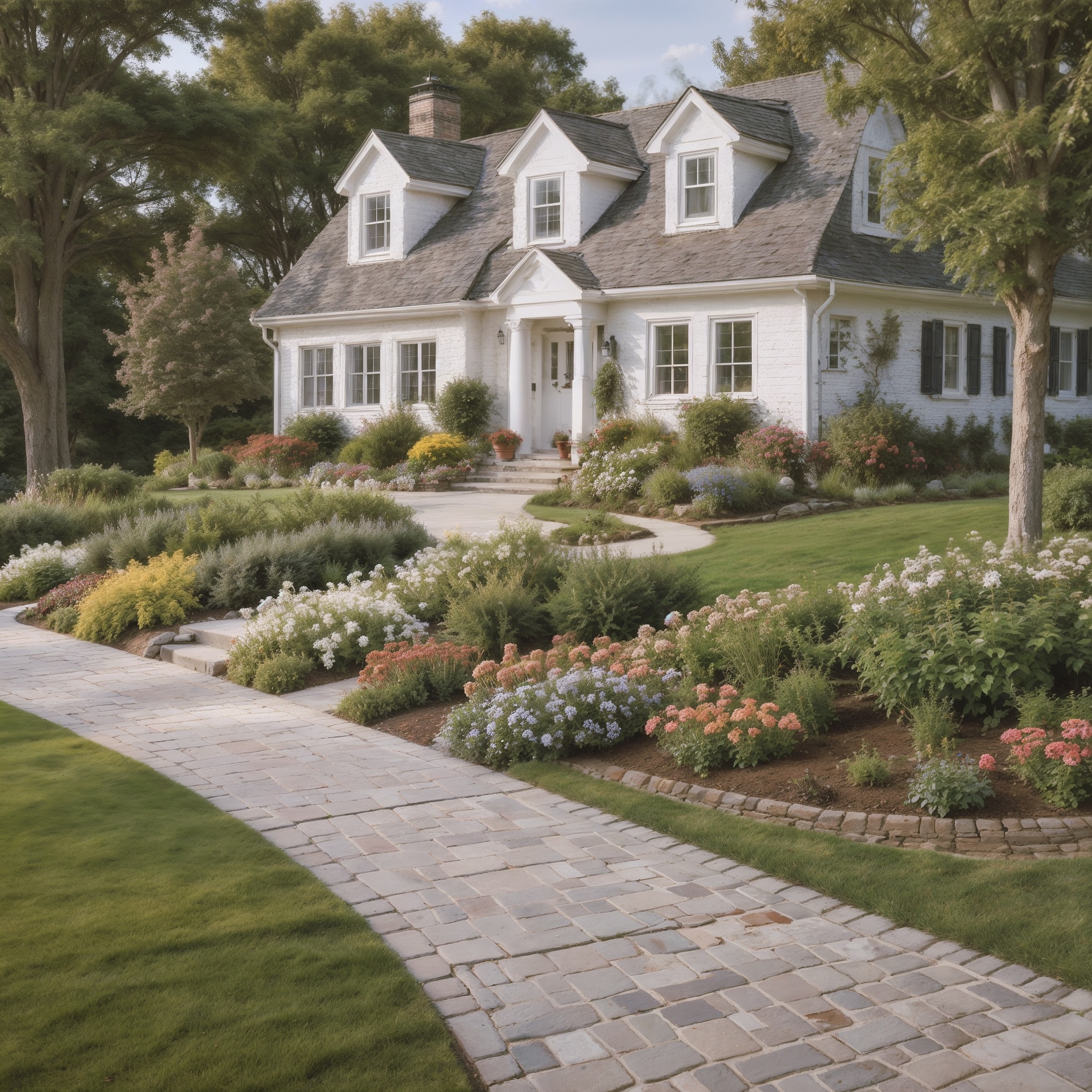 Green Lawn With Flowering Plants And Shrubs Along Pathway