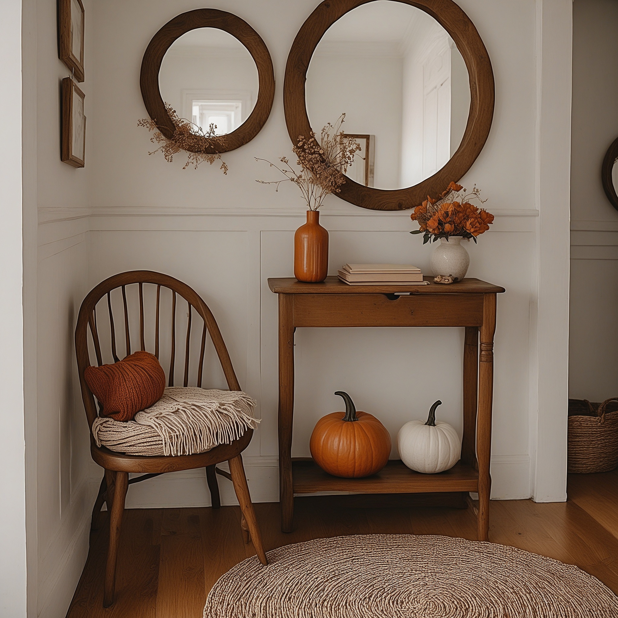 Halway Fall Decor With Pumpkins And Round Mirror